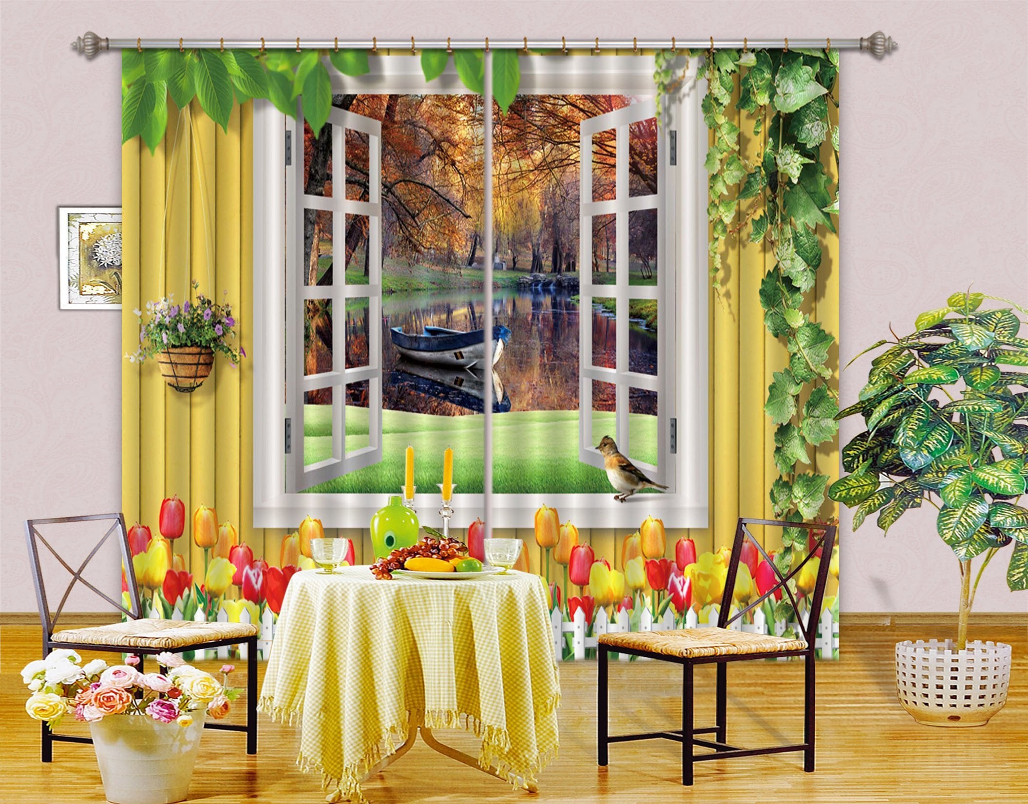 3D Wood Window Lake Boat Curtains Drapes Wallpaper AJ Wallpaper