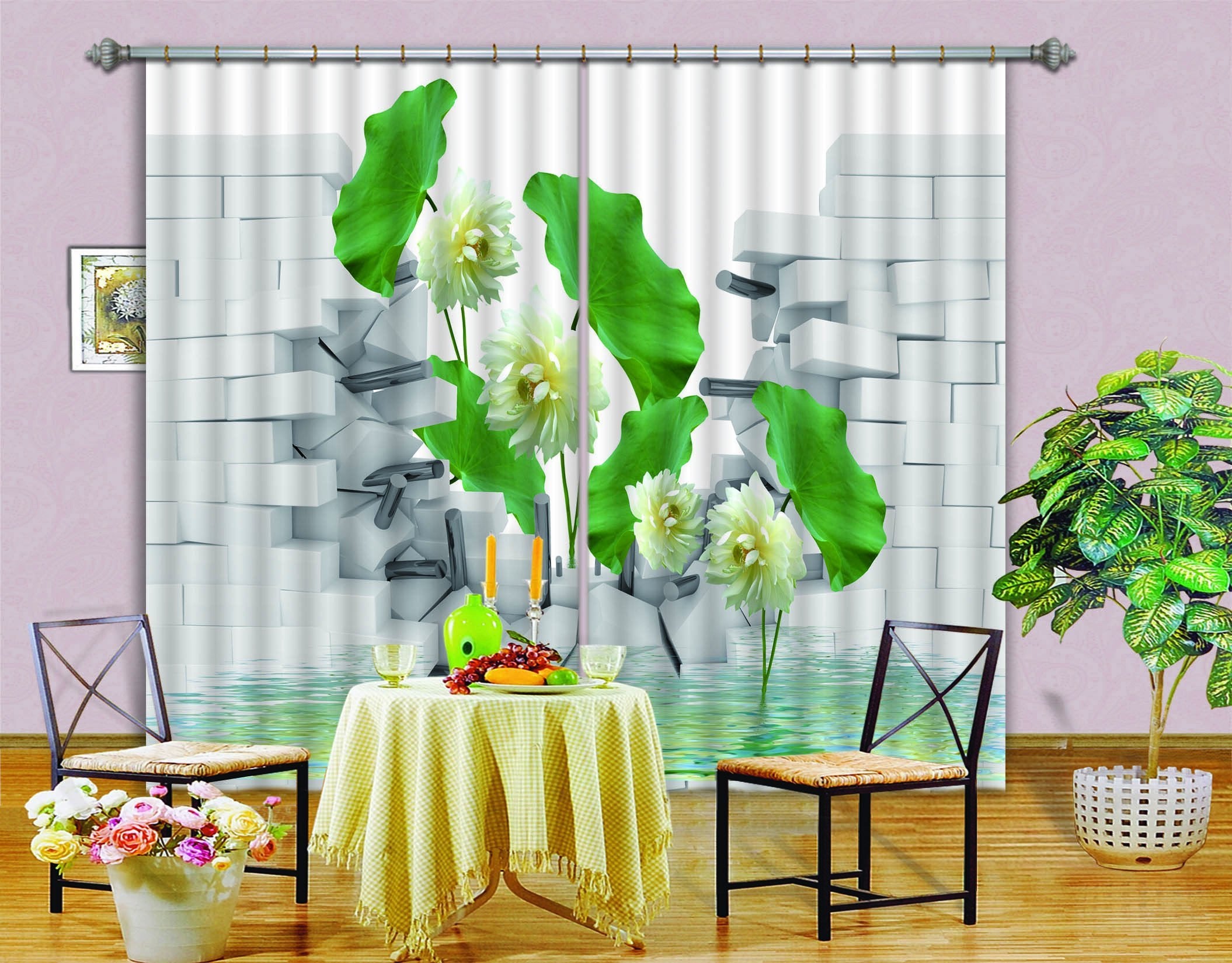 3D Lake Flowers Bricks 463 Curtains Drapes Wallpaper AJ Wallpaper