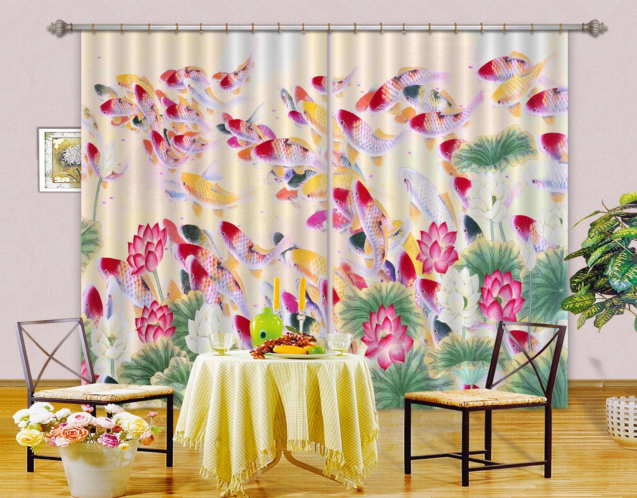 3D Fish Pond Flowers Curtains Drapes Wallpaper AJ Wallpaper