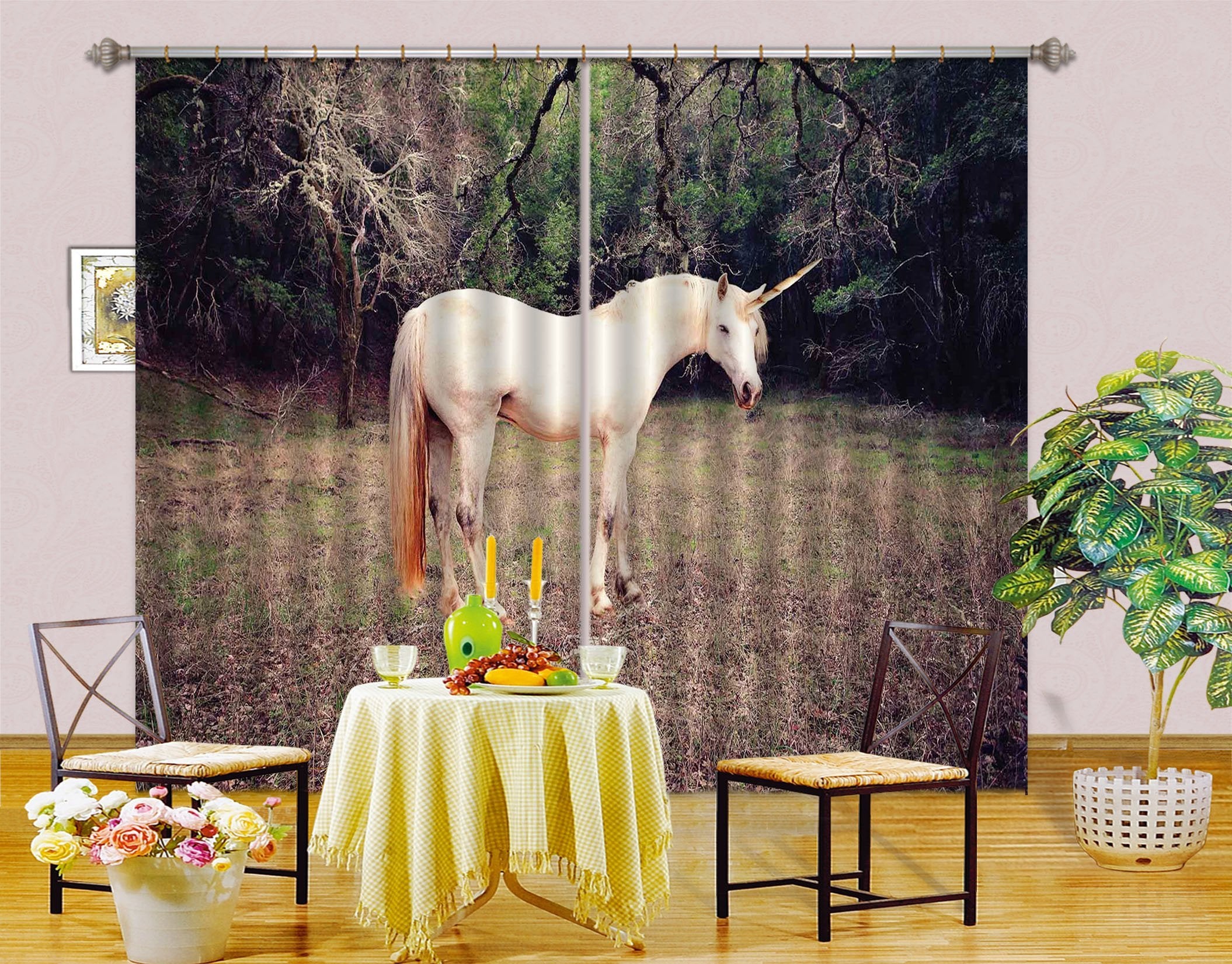 3D Woods White Unicorn 073 Curtains Drapes Curtains AJ Creativity Home