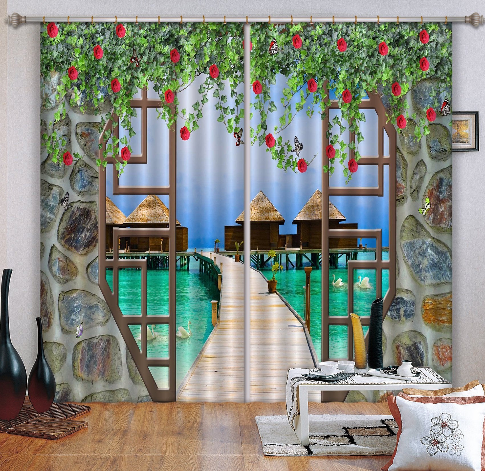 3D Bricks Door Sea Pavilions Curtains Drapes Wallpaper AJ Wallpaper