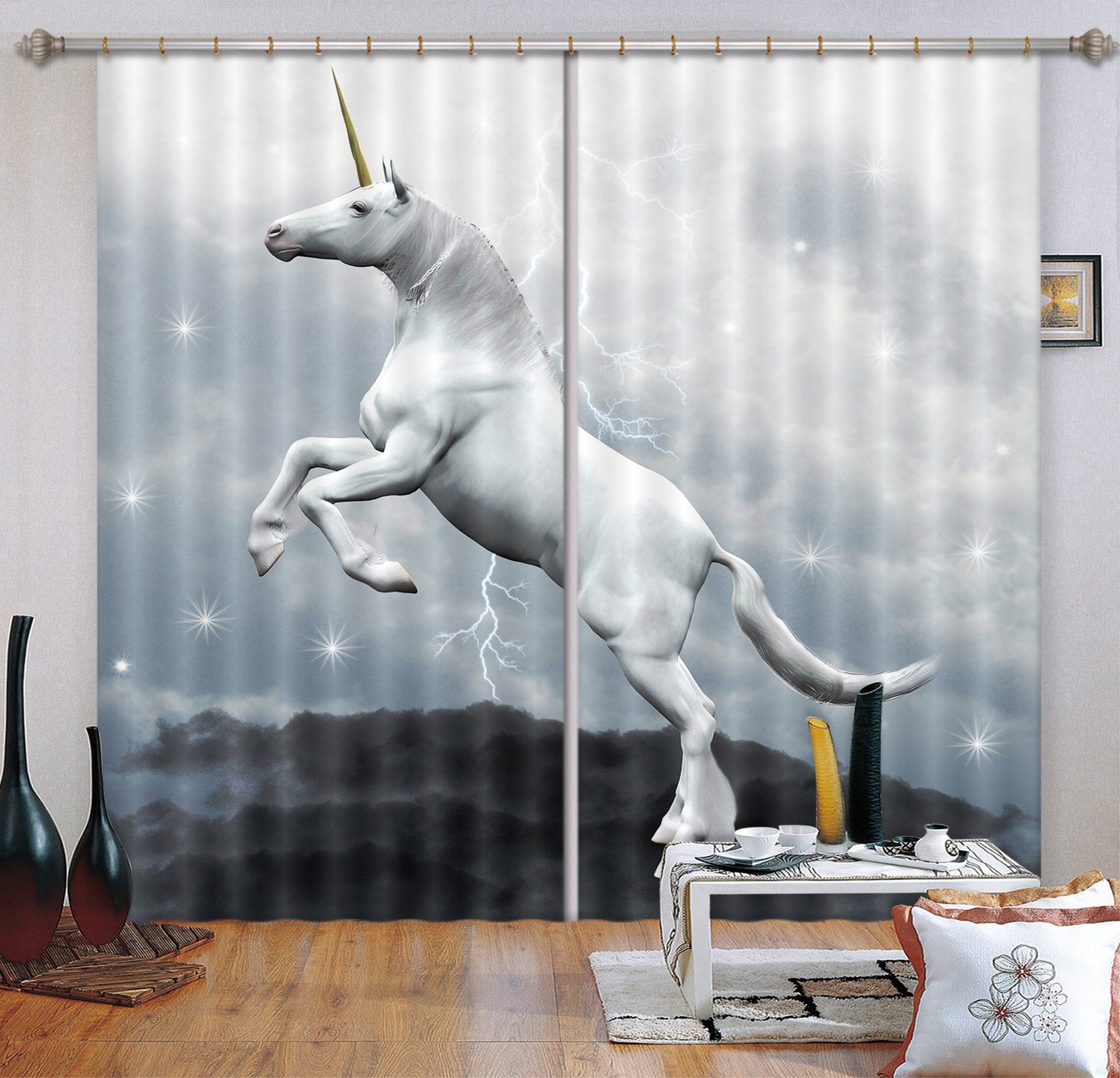 3D Lightning Jump Unicorns 089 Curtains Drapes Curtains AJ Creativity Home