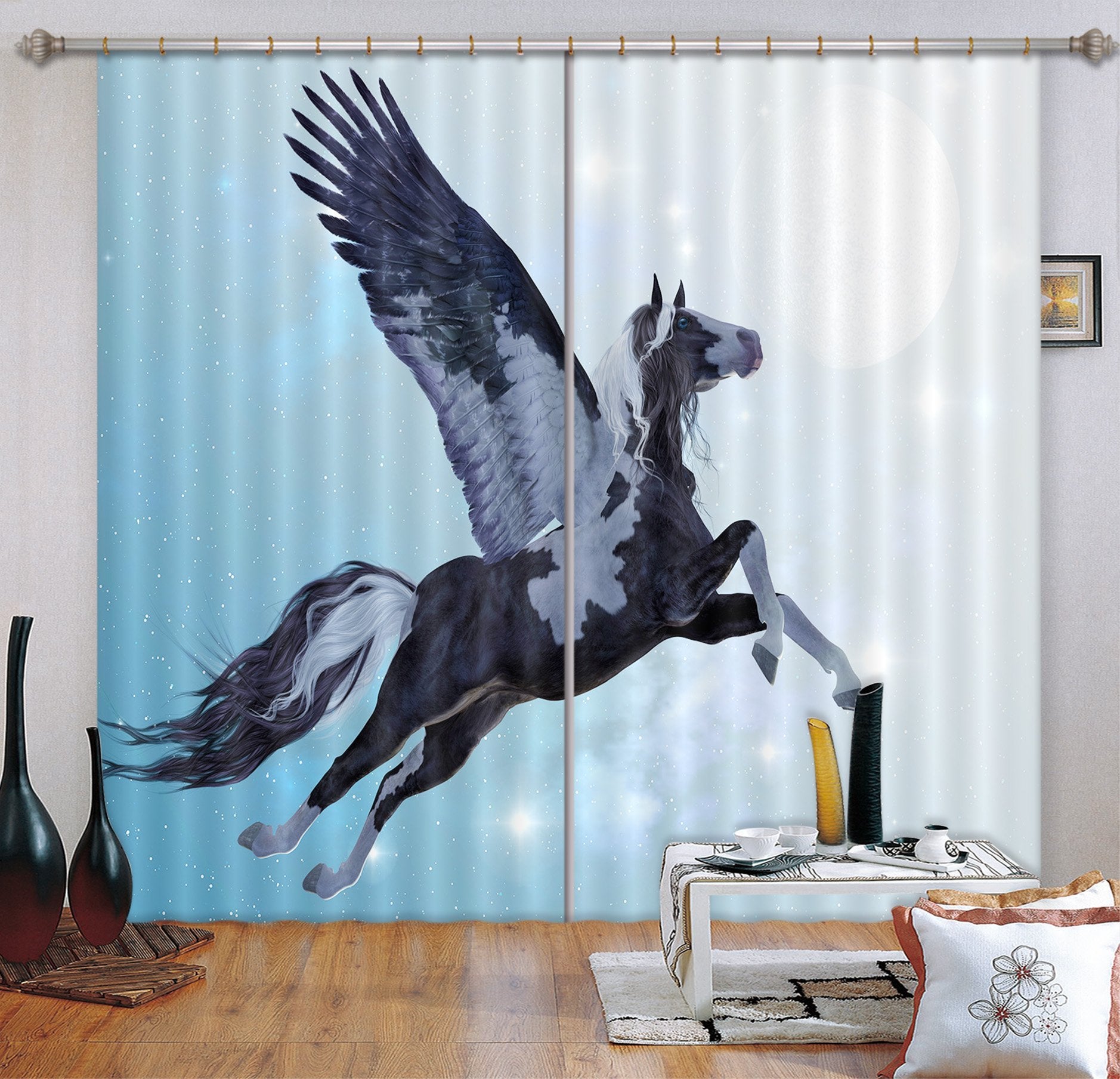 3D Moon Flying Unicorns 102 Curtains Drapes Curtains AJ Creativity Home
