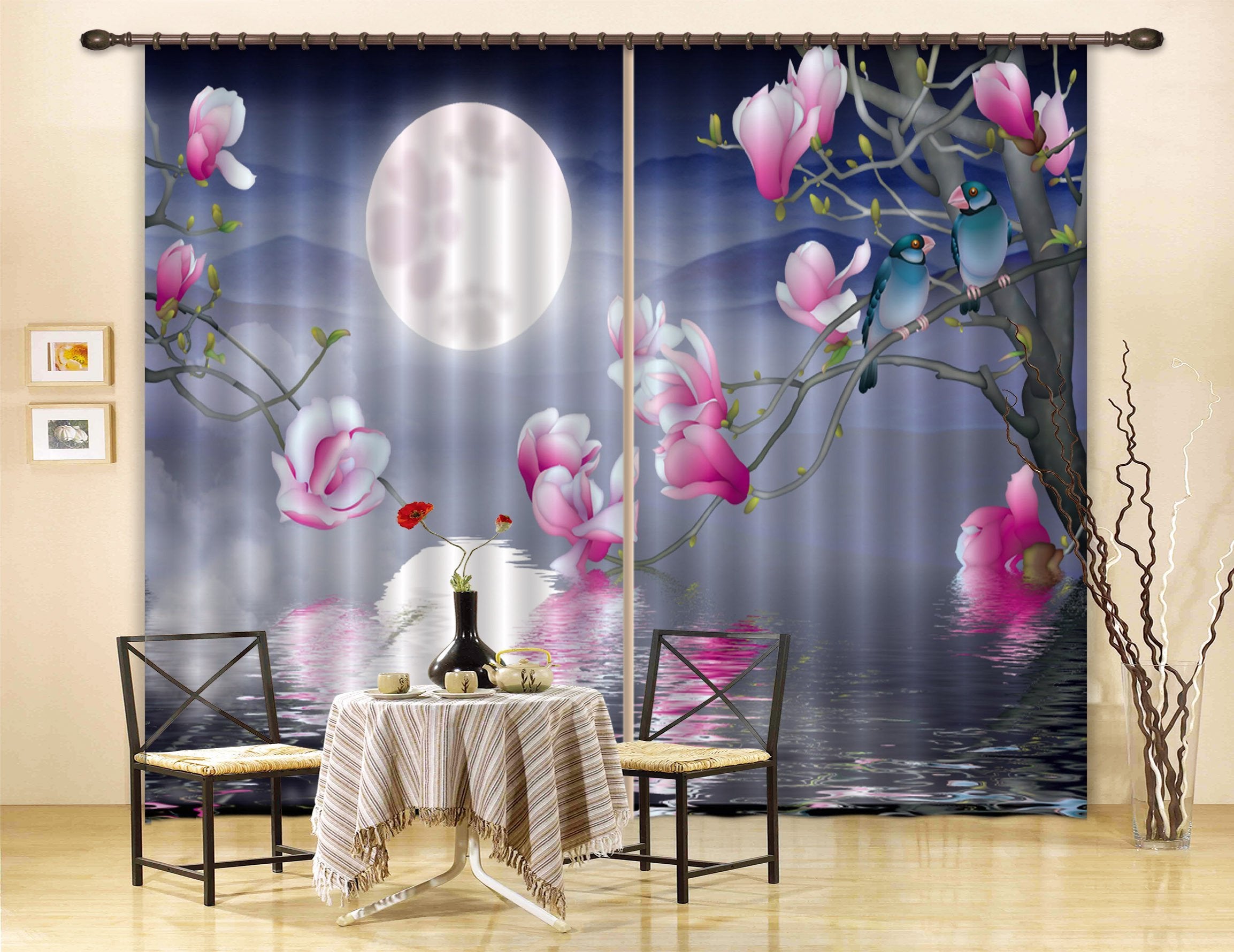 3D Bright Moon Flowers Trees Curtains Drapes Wallpaper AJ Wallpaper