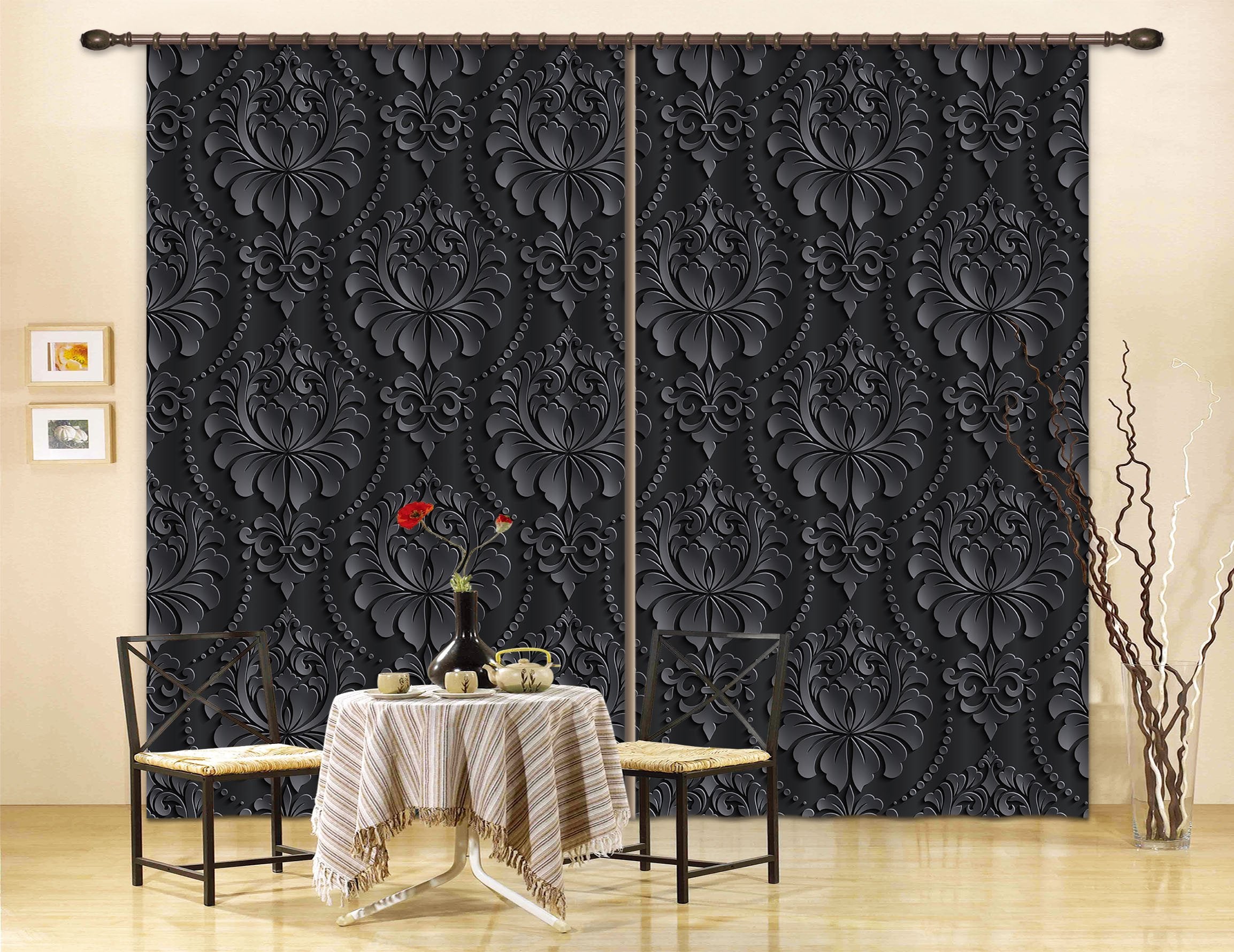 3D Black Flower Pattern 8 Curtains Drapes Curtains AJ Creativity Home