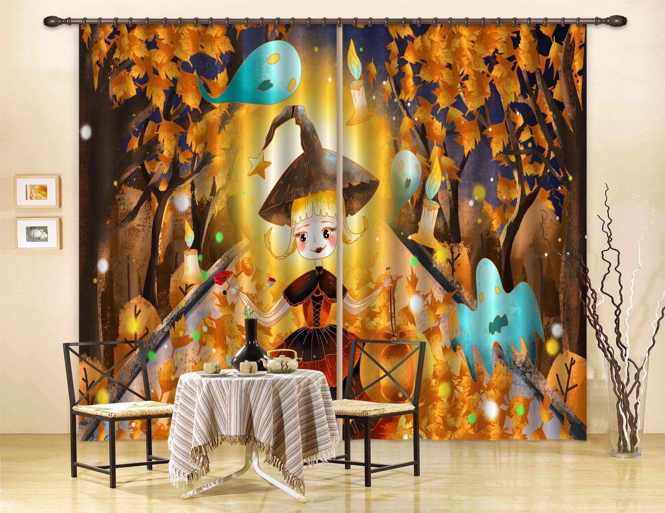 3D Ghost Candle Maple Leaf 031 Halloween Curtains Drapes Curtains AJ Creativity Home