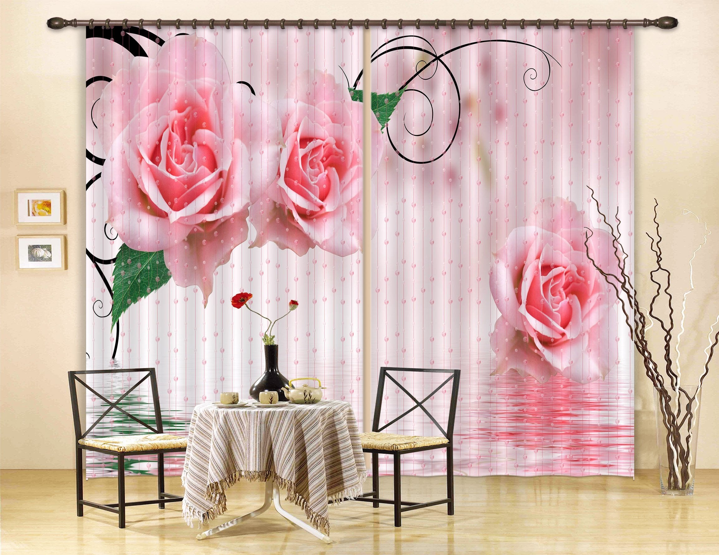 3D Bead Curtain And Roses 144 Curtains Drapes Wallpaper AJ Wallpaper