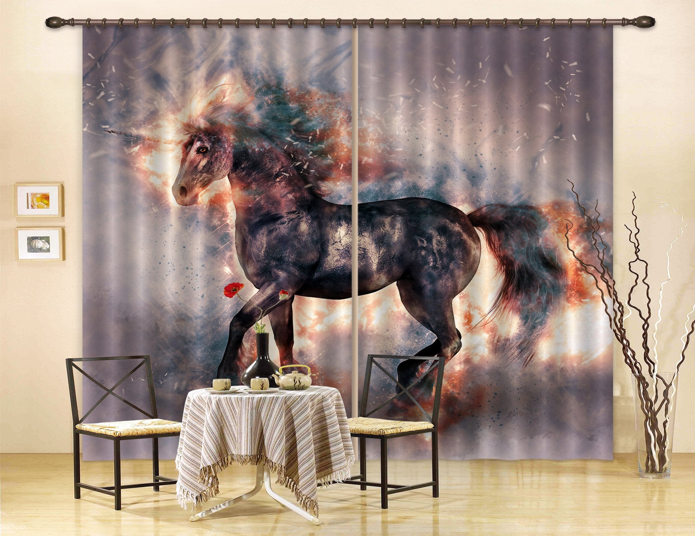 3D Fire Black Unicorn 084 Curtains Drapes Curtains AJ Creativity Home
