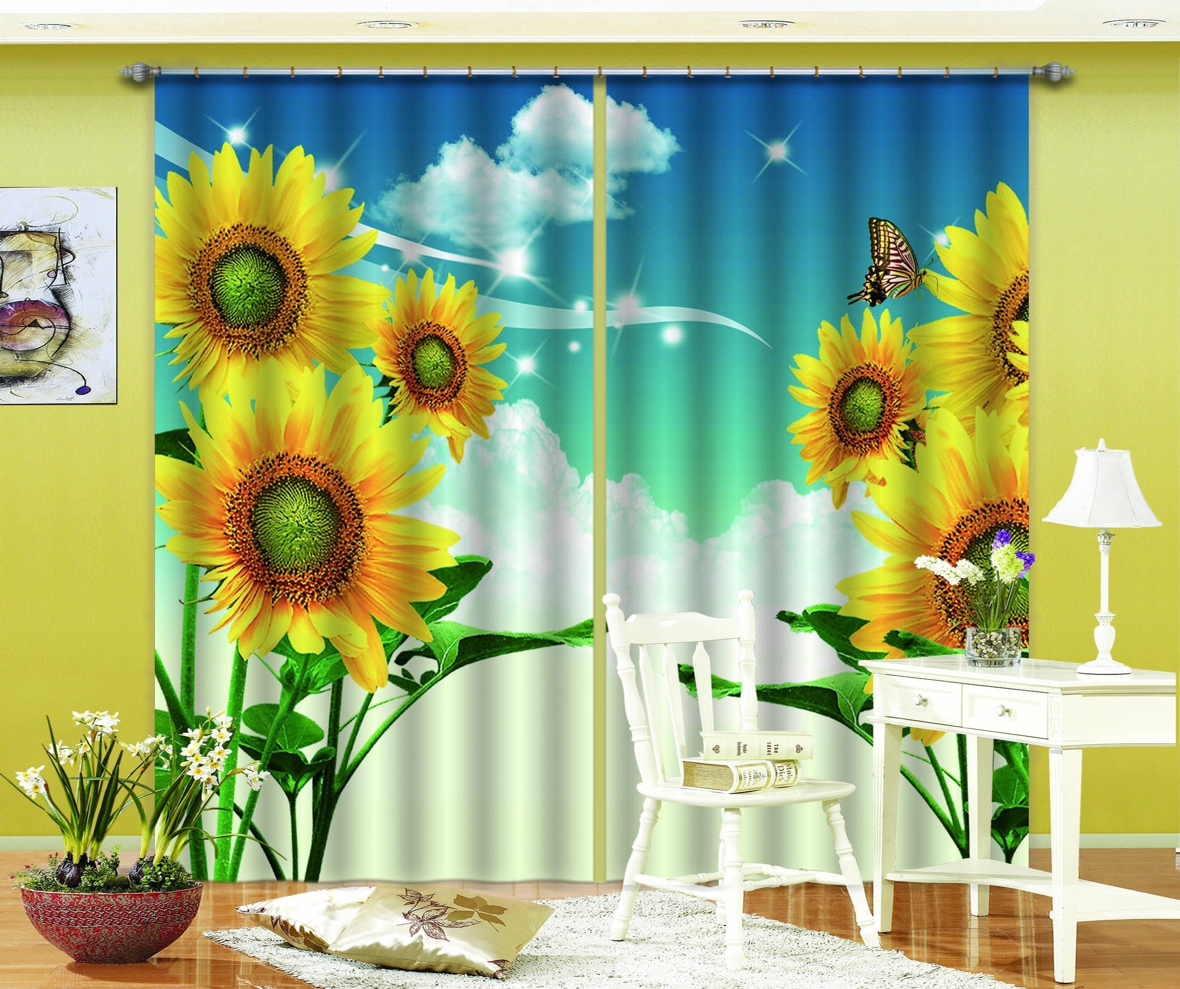 3D Blue Sky Sunflowers 824 Curtains Drapes Wallpaper AJ Wallpaper