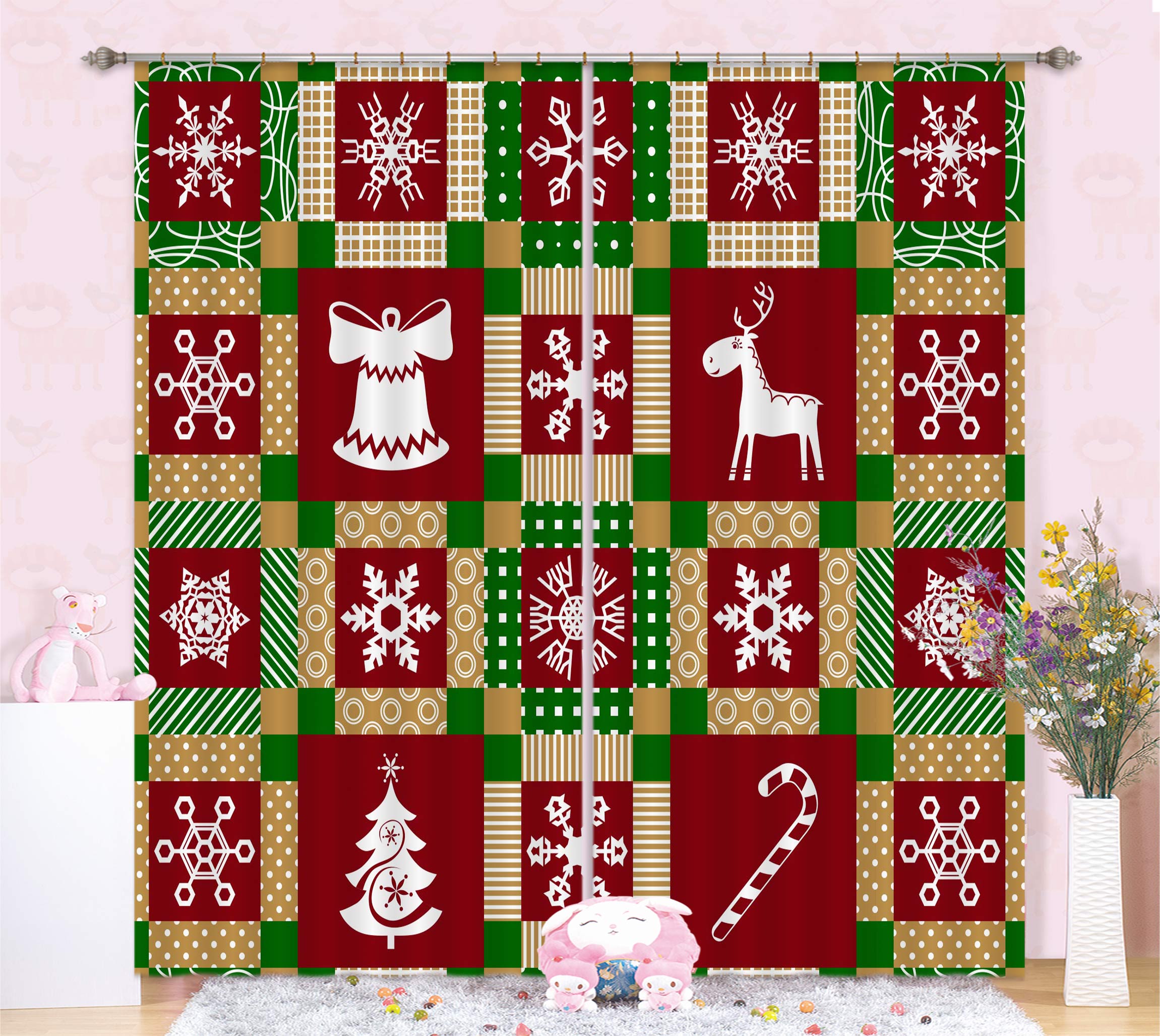 3D Snowflake Red Check Pattern 53143 Christmas Curtains Drapes Xmas