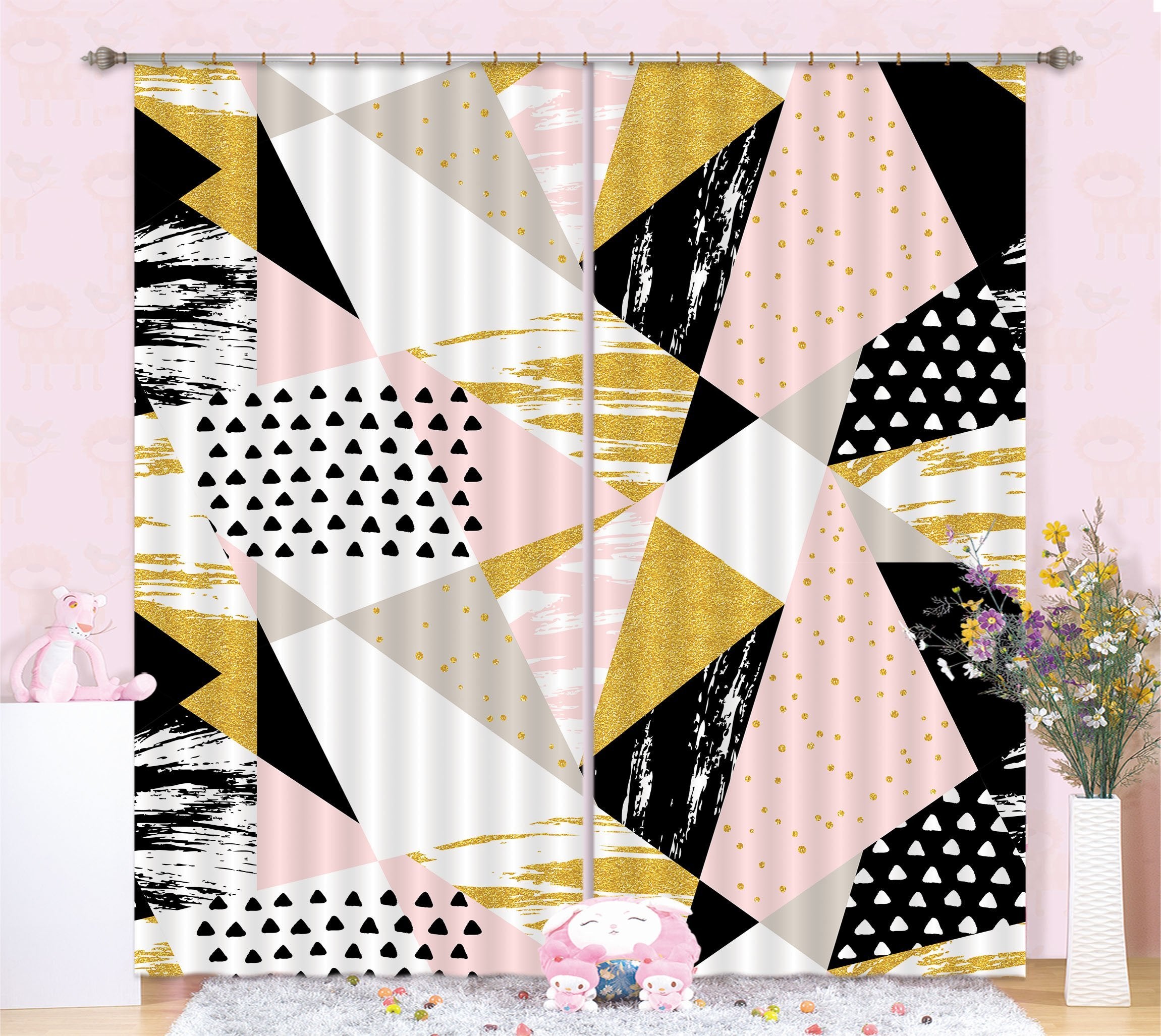 3D Pink Black Triangle 15 Curtains Drapes Curtains AJ Creativity Home