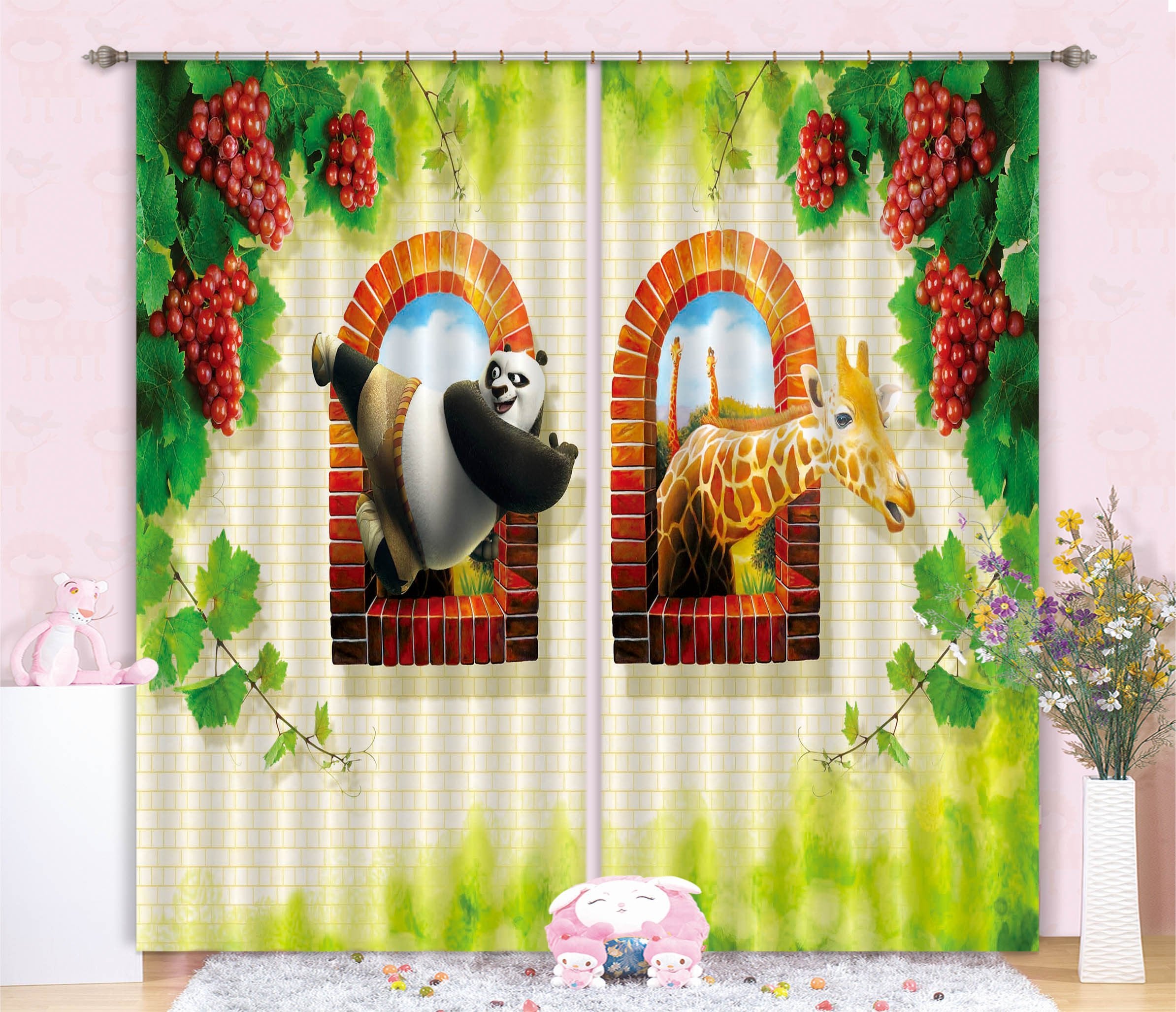 3D Kung Fu Panda And Giraffes Curtains Drapes Wallpaper AJ Wallpaper
