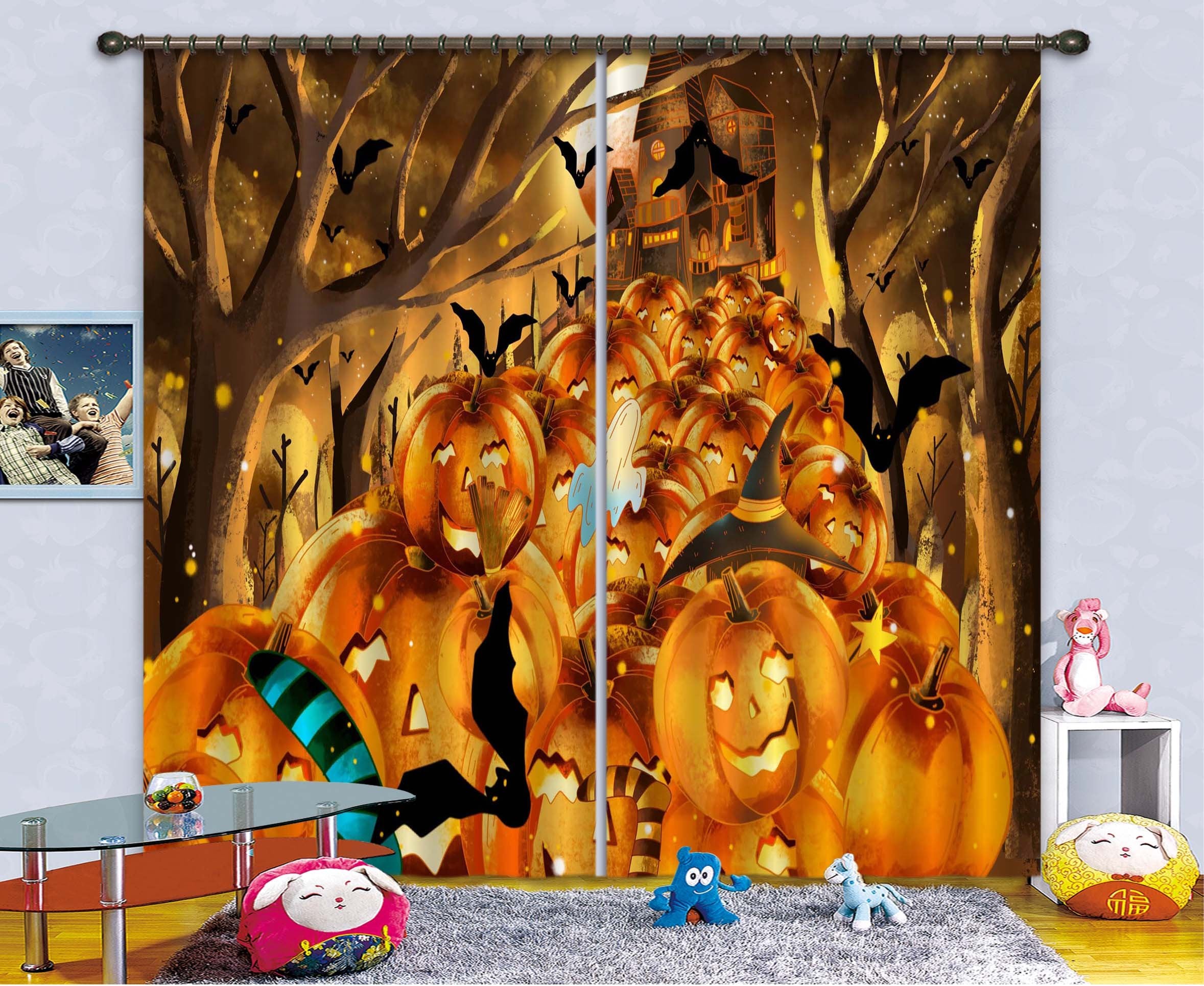 3D Bat Ghost Pumpkin 028 Halloween Curtains Drapes Curtains AJ Creativity Home
