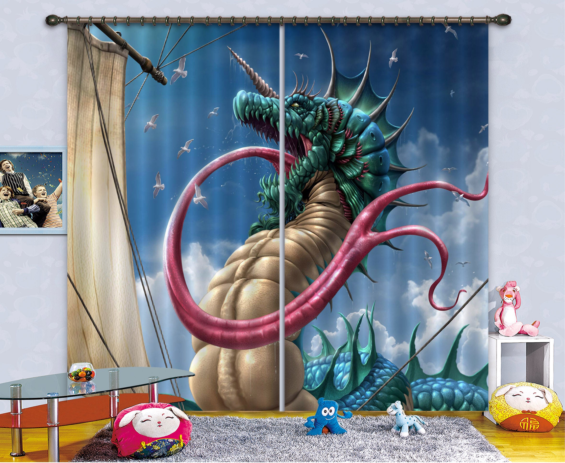 3D Long Tongue Dragon 5075 Tom Wood Curtain Curtains Drapes