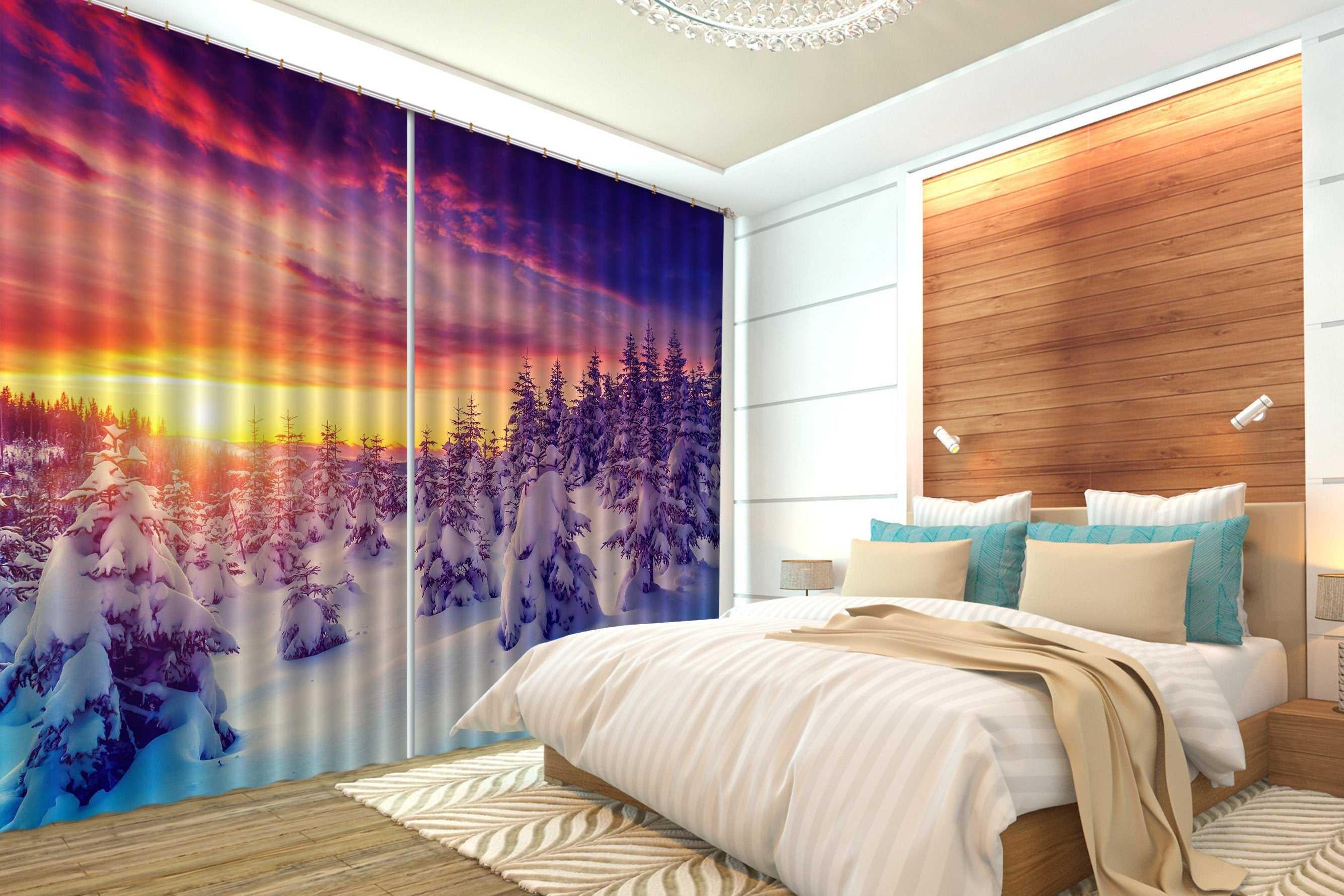 3D Snow Forest Warm Sunset 650 Curtains Drapes Wallpaper AJ Wallpaper