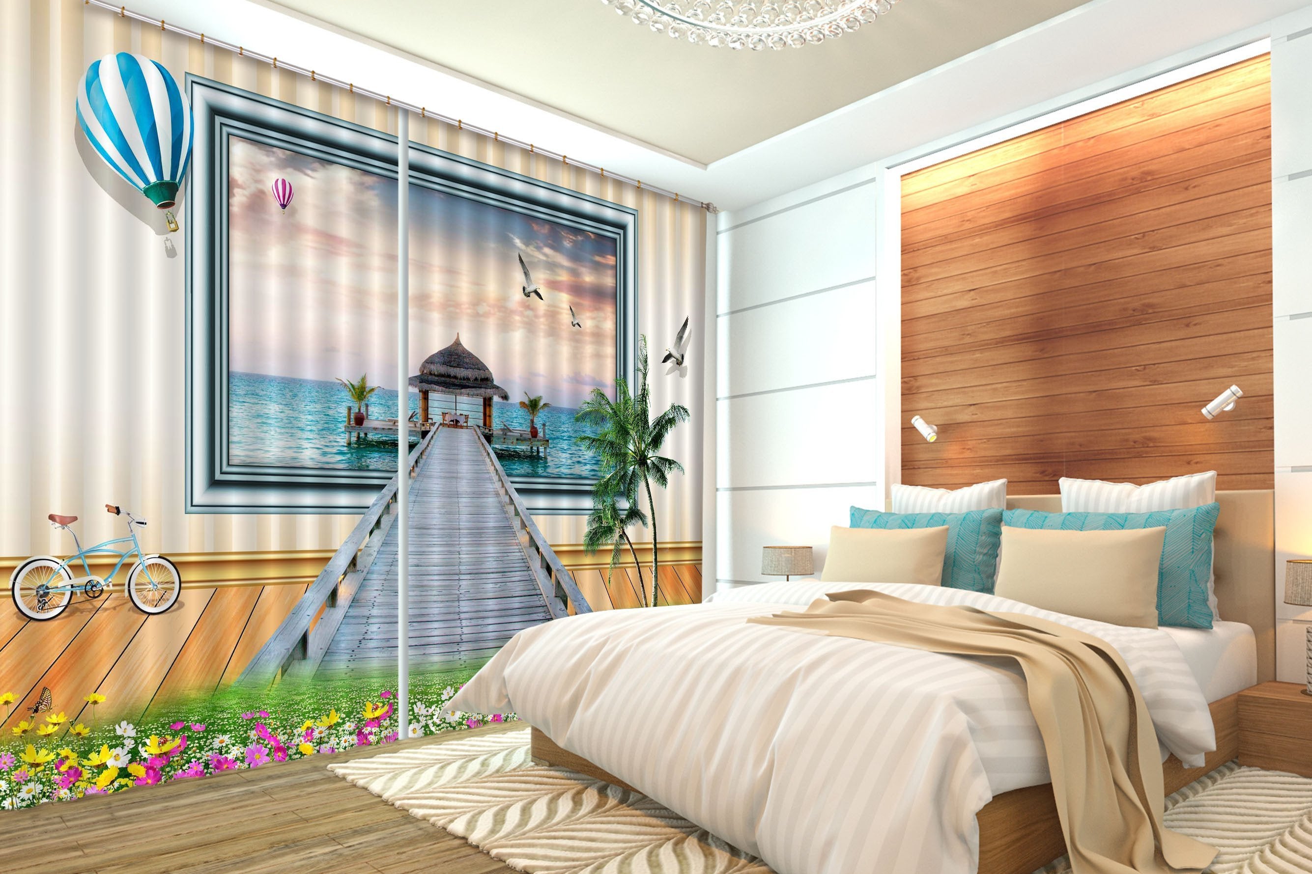 3D Sea Pavilion Bridge 146 Curtains Drapes Wallpaper AJ Wallpaper