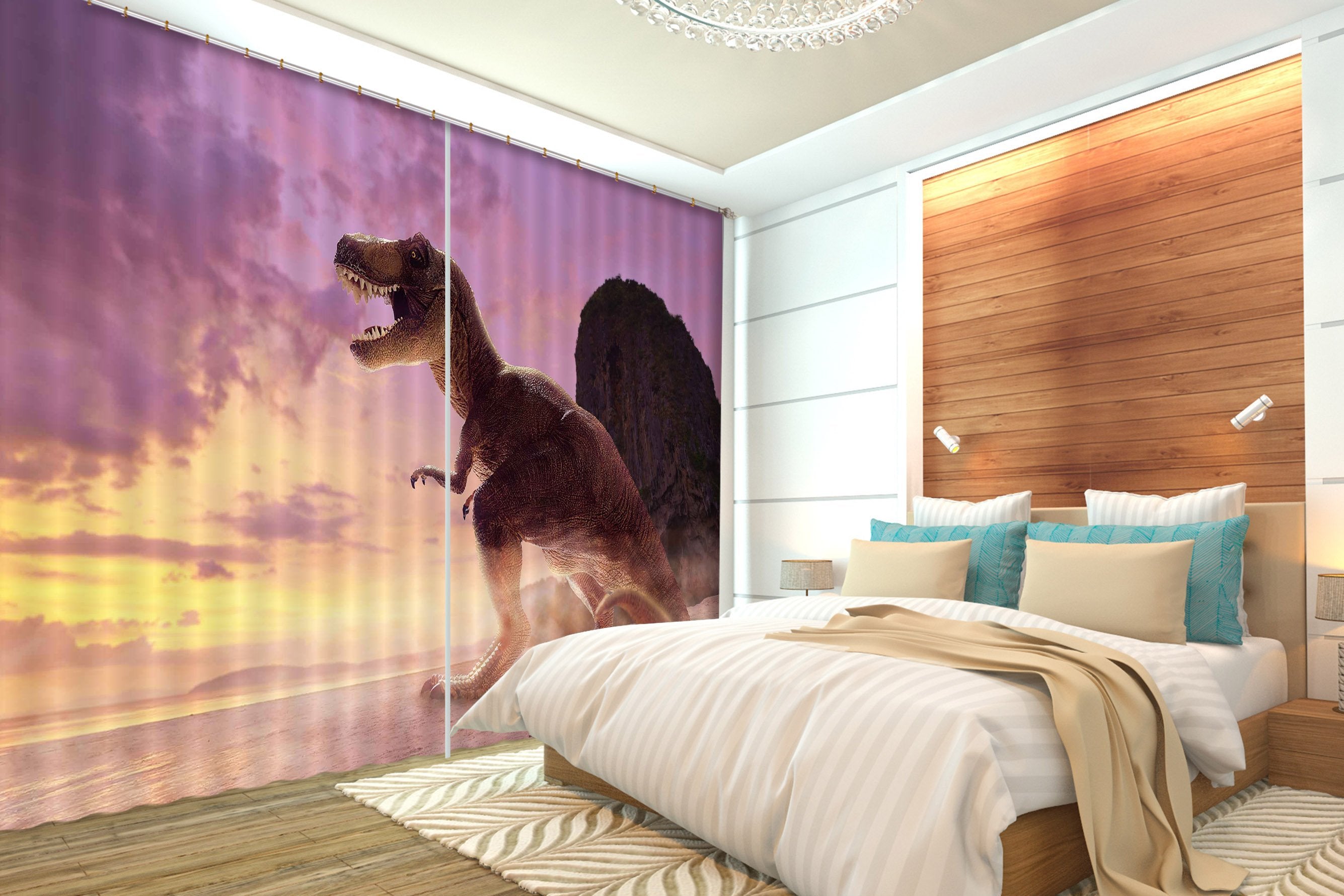 3D Tyrannosaurus White Fog 150 Curtains Drapes Curtains AJ Creativity Home