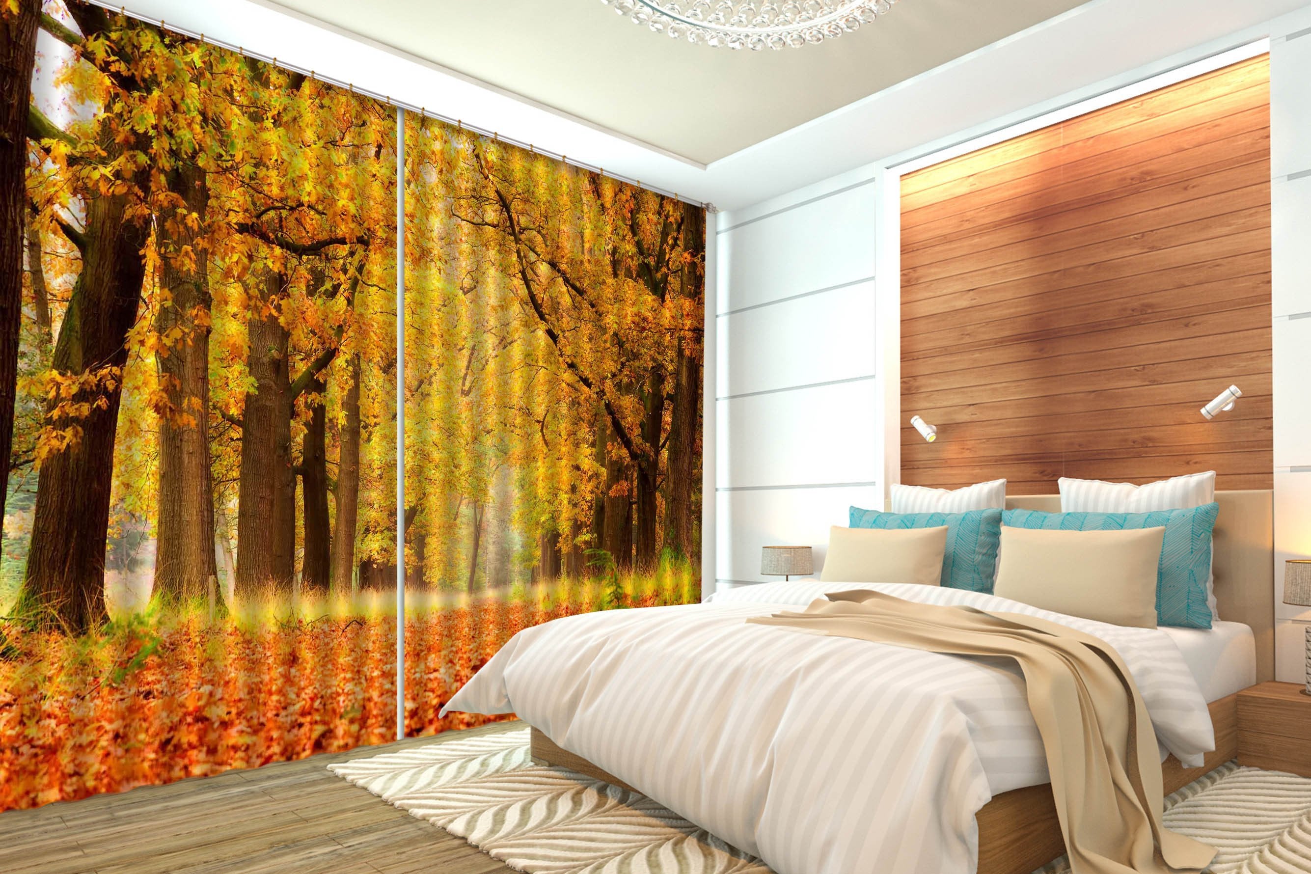 3D Autumn Trees Fallen Leaves 605 Curtains Drapes Wallpaper AJ Wallpaper