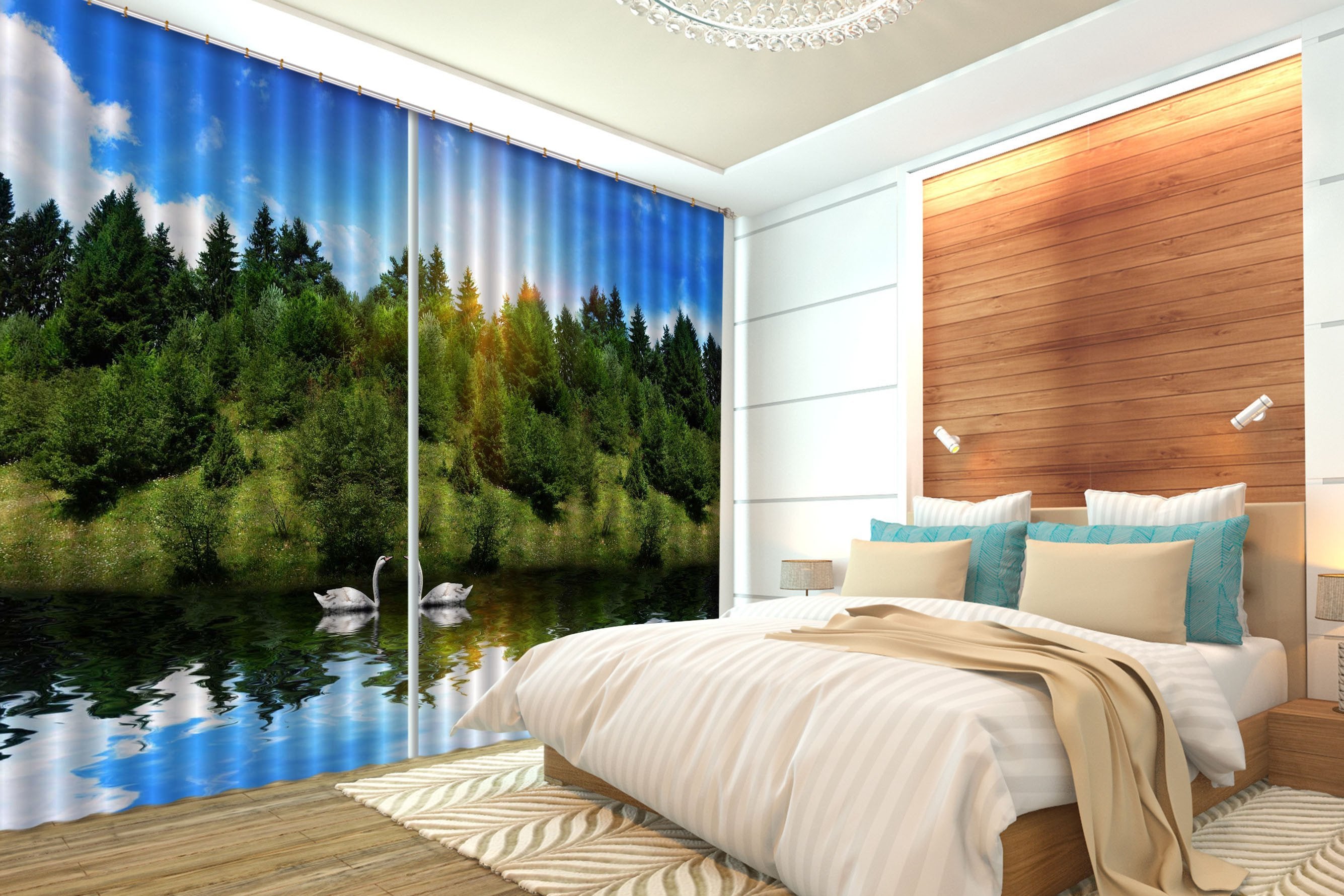 3D Mountain Lake Swans 174 Curtains Drapes Wallpaper AJ Wallpaper