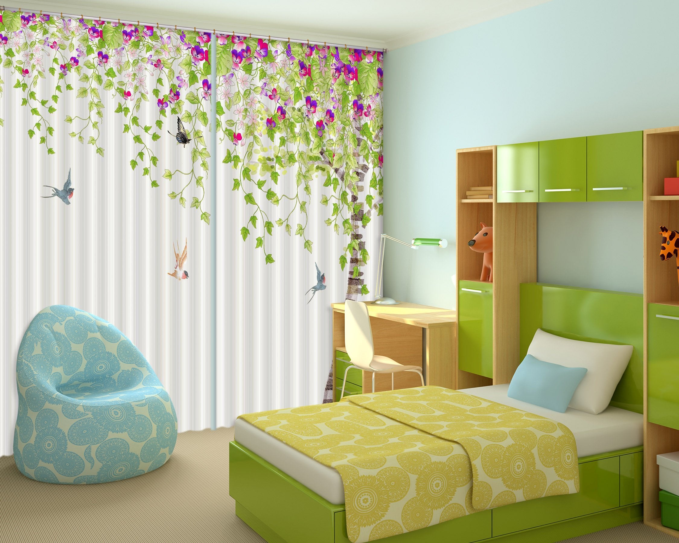 3D Flowers Tree Birds 443 Curtains Drapes Wallpaper AJ Wallpaper