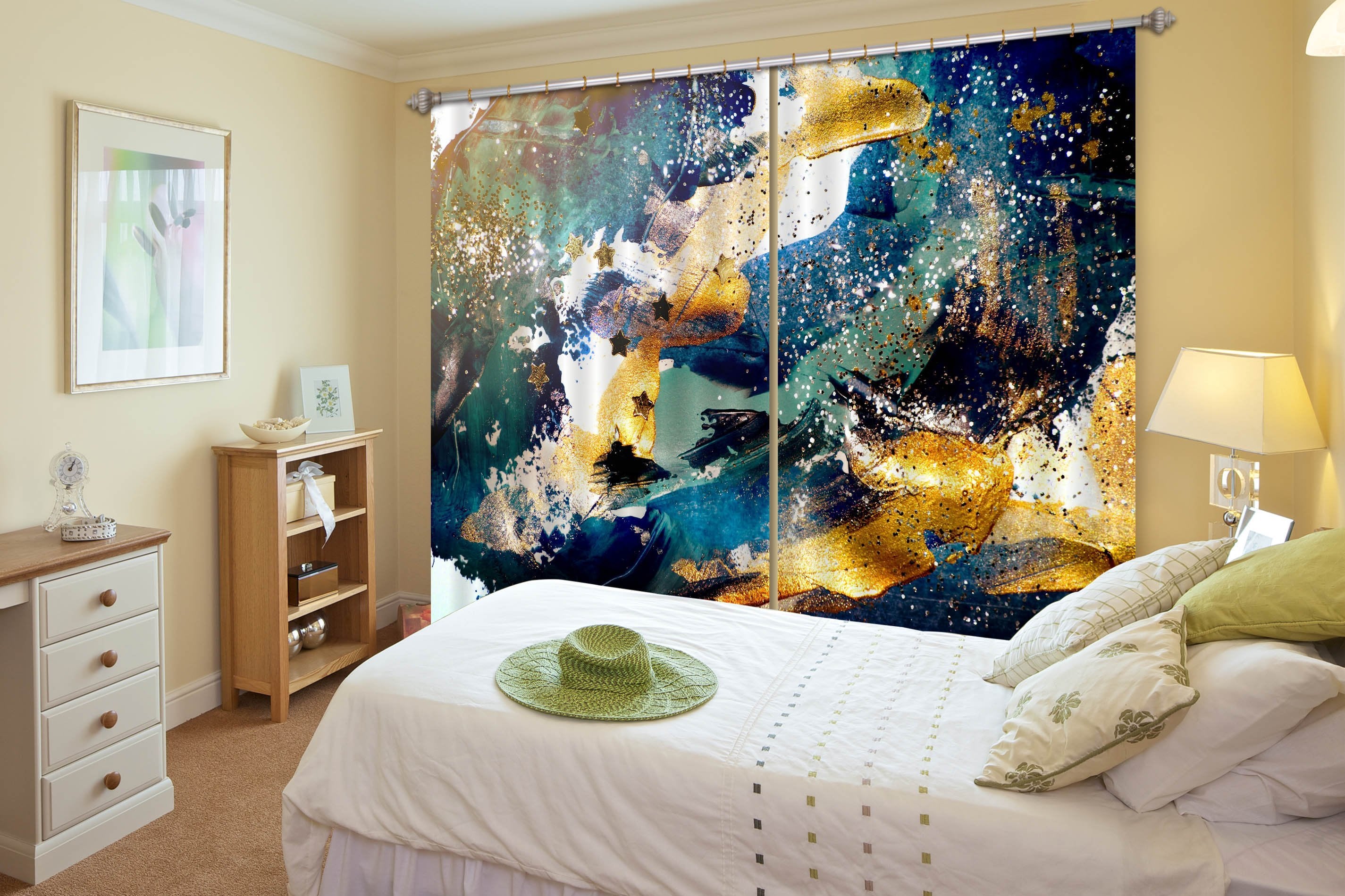 3D Blue Gold Abstract 63 Curtains Drapes Curtains AJ Creativity Home