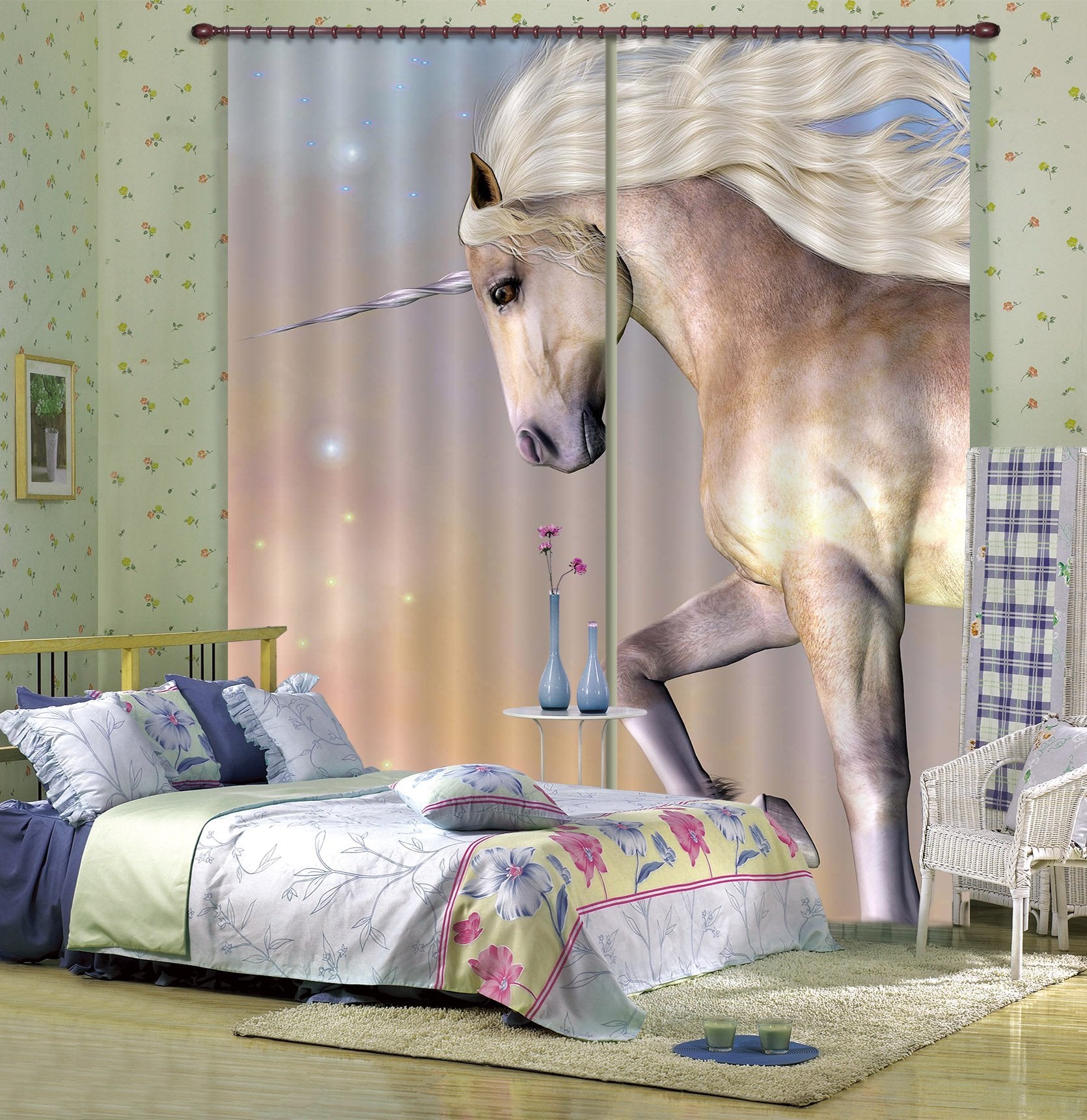 3D Half Body Unicorn 076 Curtains Drapes Curtains AJ Creativity Home
