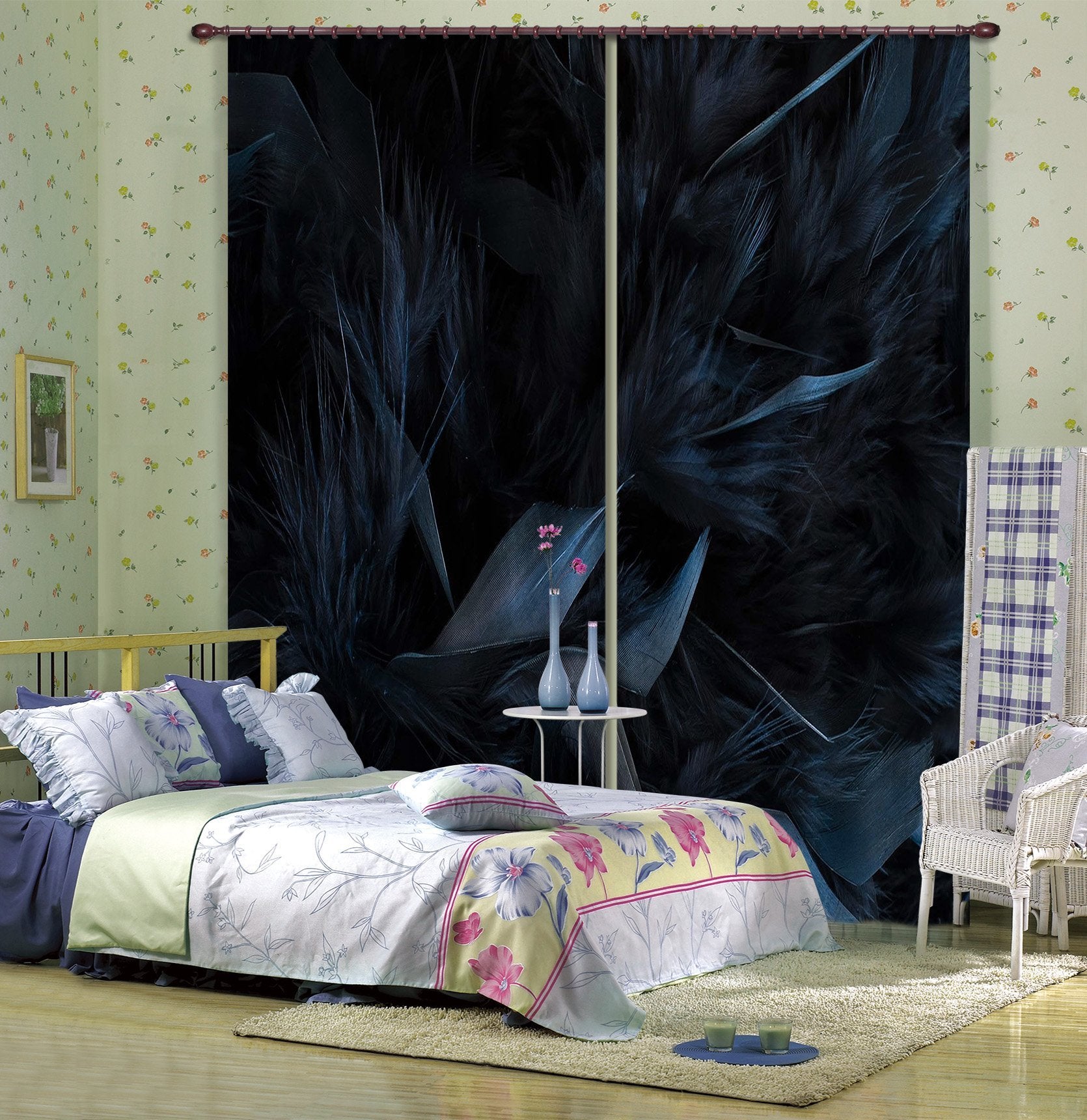 3D Dark Blue Fluff 4 Curtains Drapes Curtains AJ Creativity Home