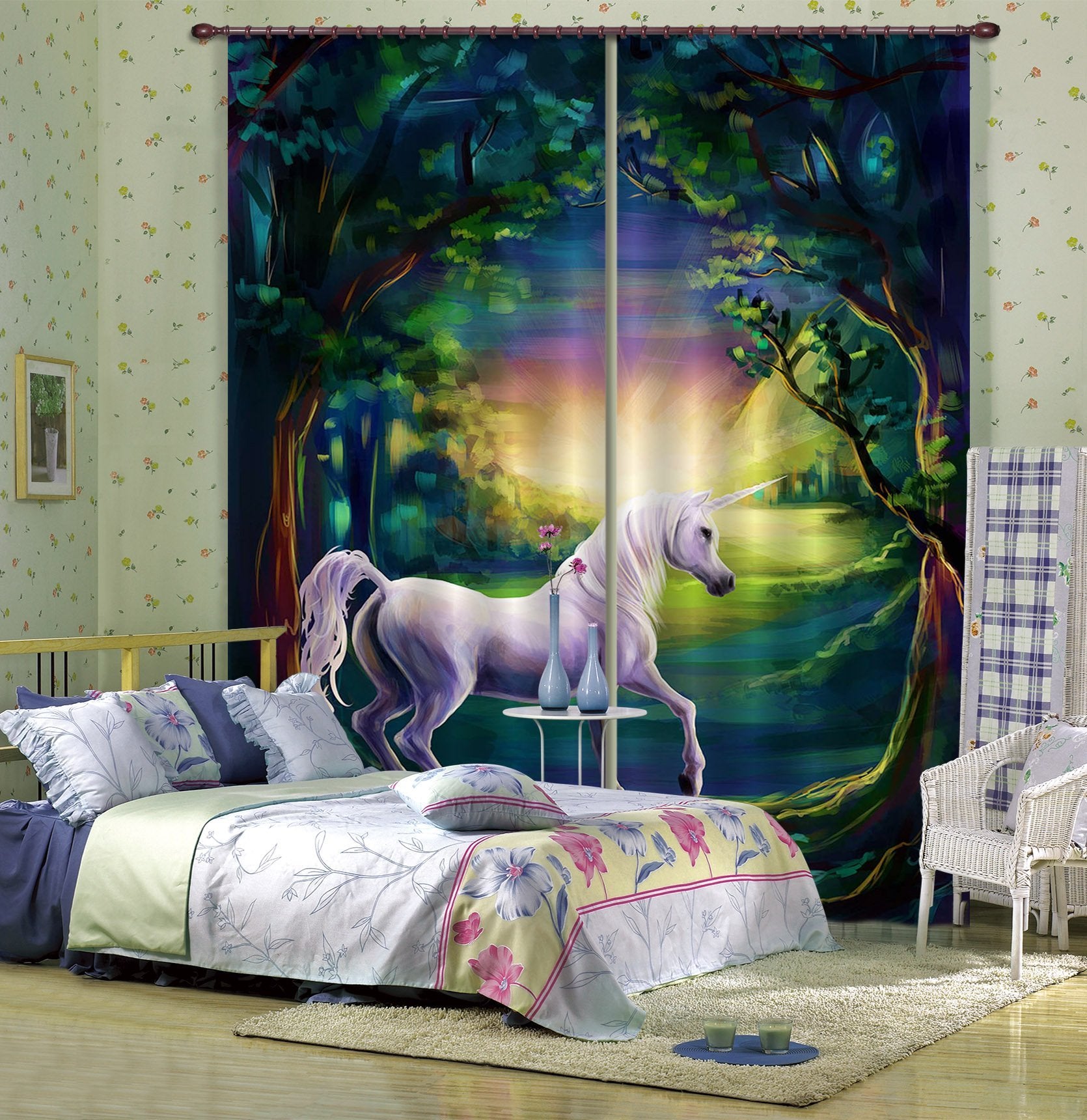 3D Tree Hole Unicorn 081 Curtains Drapes Curtains AJ Creativity Home