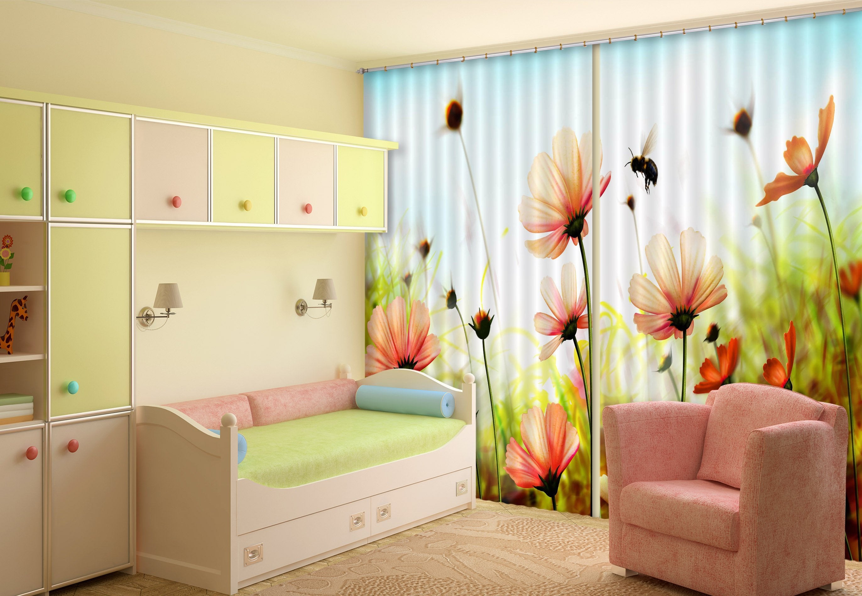3D Flowers And Bee 284 Curtains Drapes Wallpaper AJ Wallpaper