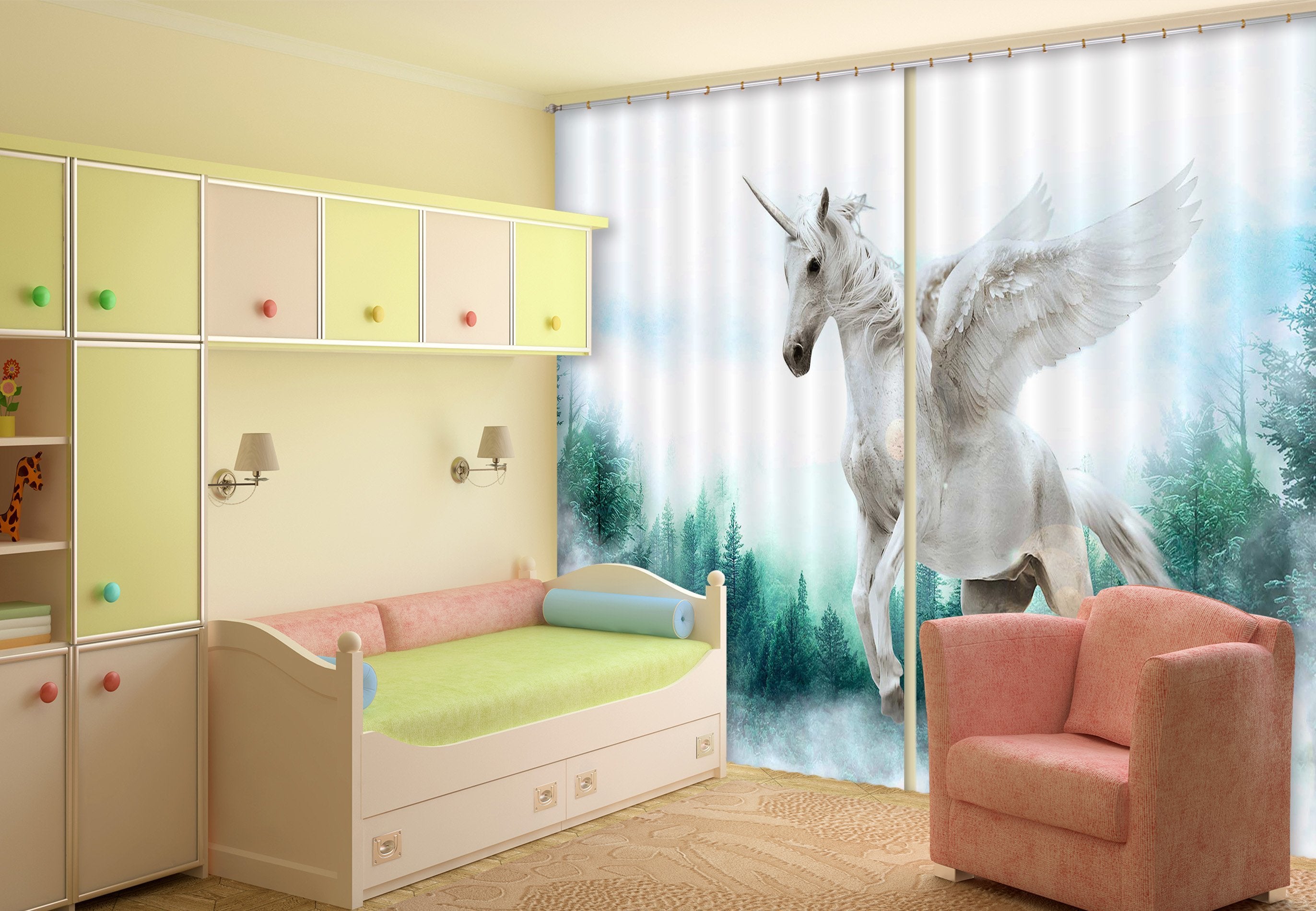 3D Forest Wing Unicorn 080 Curtains Drapes Curtains AJ Creativity Home