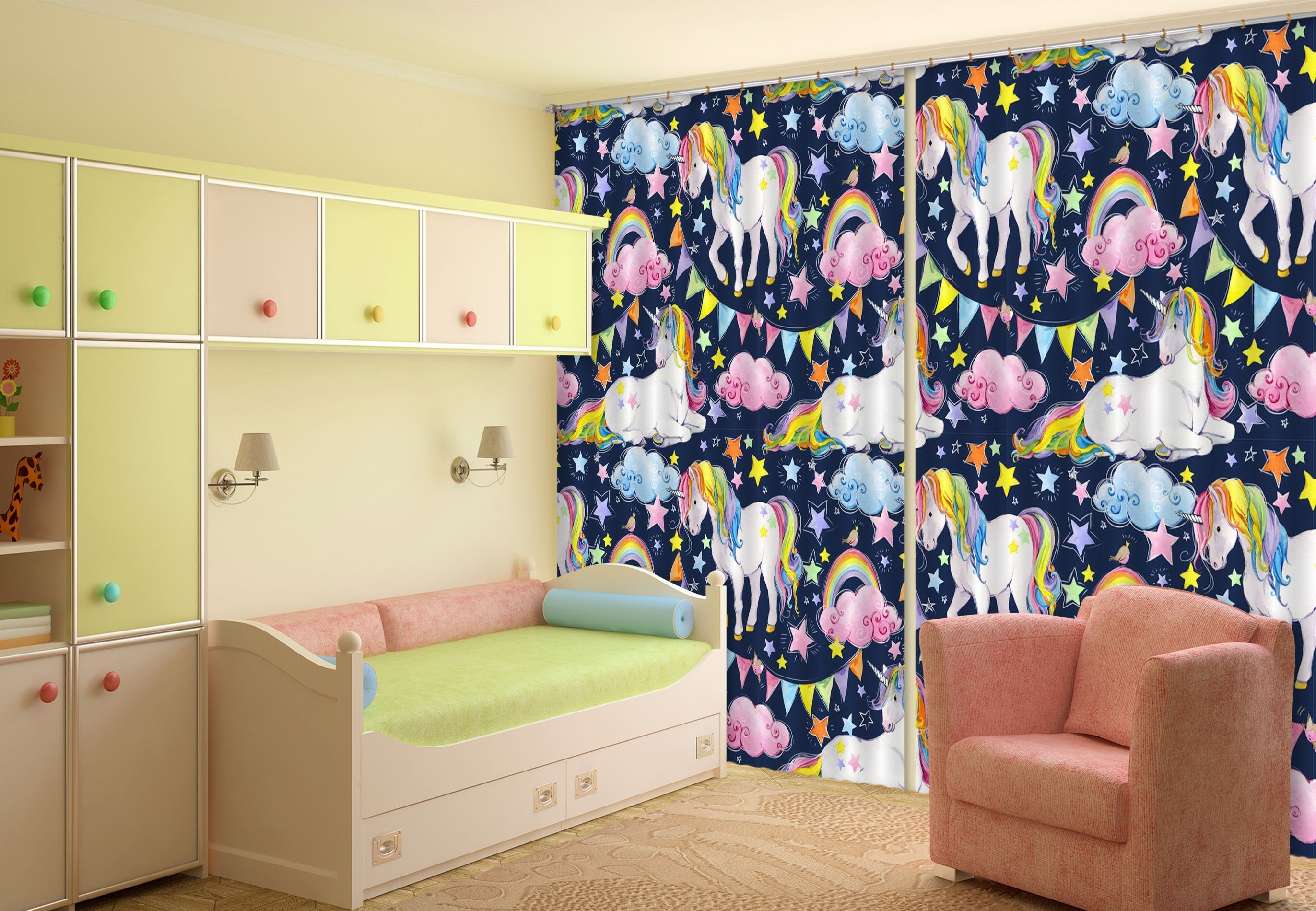 3D Cartoon Moon Unicorns 092 Curtains Drapes Curtains AJ Creativity Home