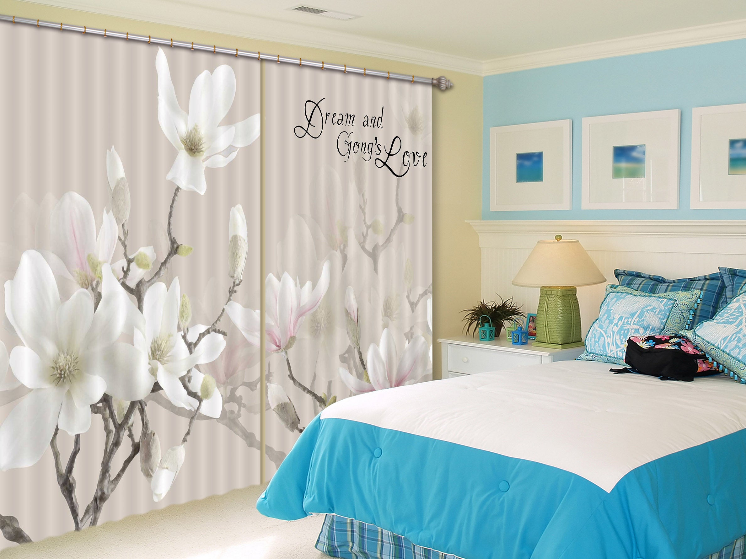 3D White Petals 135 Curtains Drapes