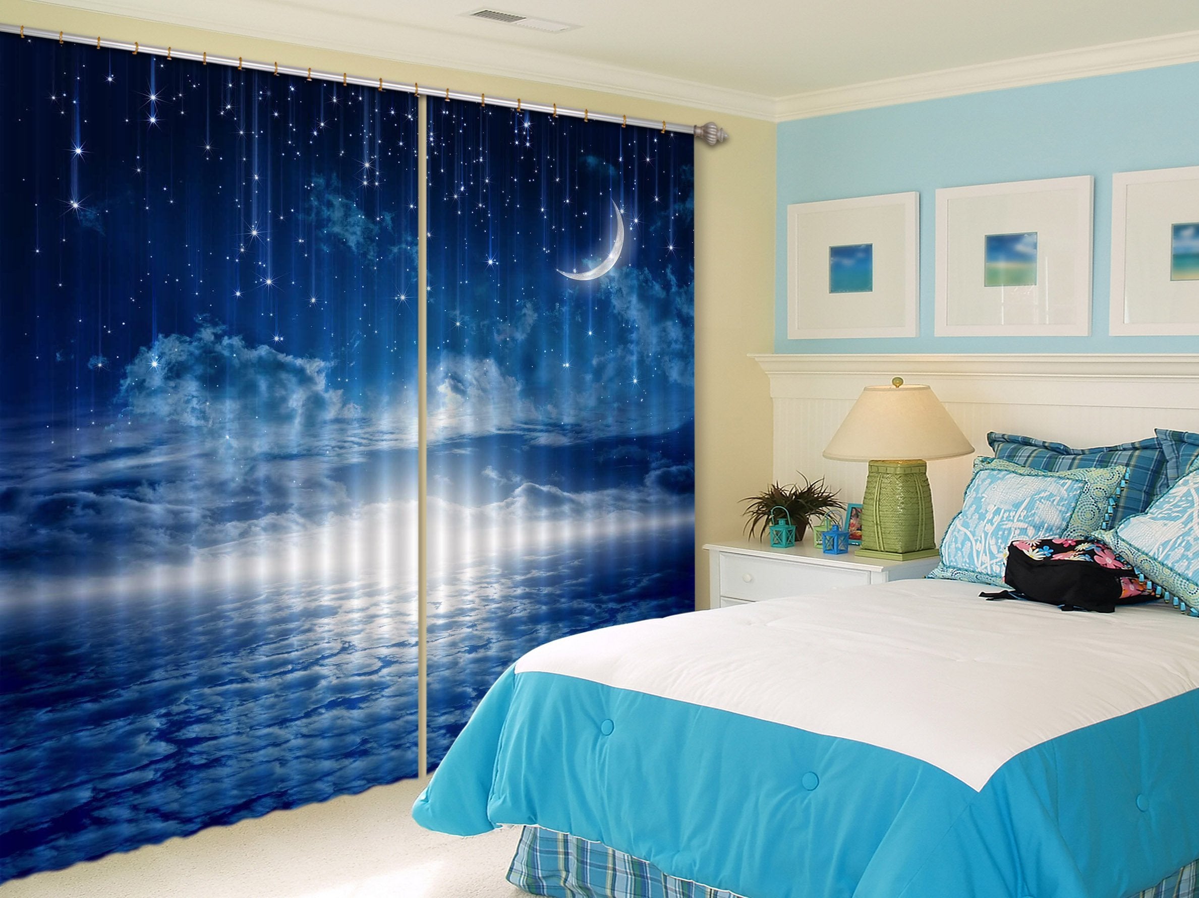 3D Blue Stars Sky 2225 Curtains Drapes Wallpaper AJ Wallpaper