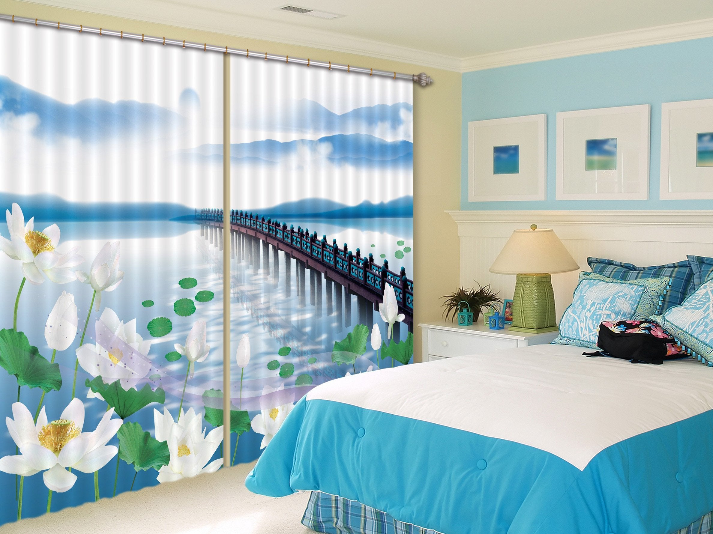 3D Sea Flowers Bridge 258 Curtains Drapes Wallpaper AJ Wallpaper