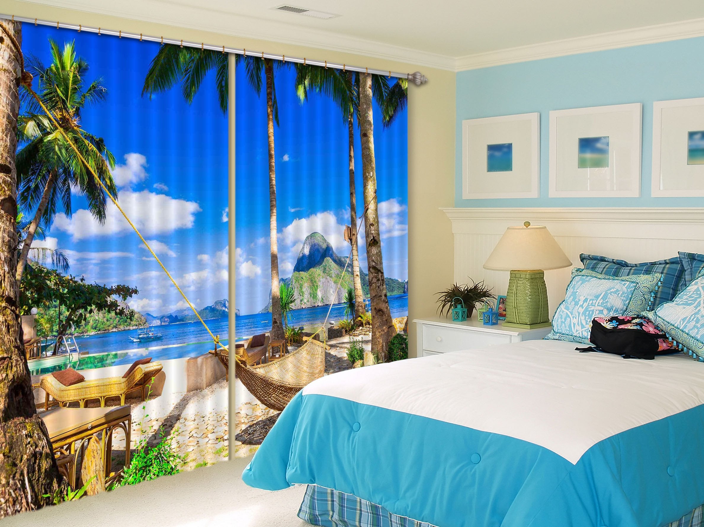 3D Beach Hammock Curtains Drapes Wallpaper AJ Wallpaper