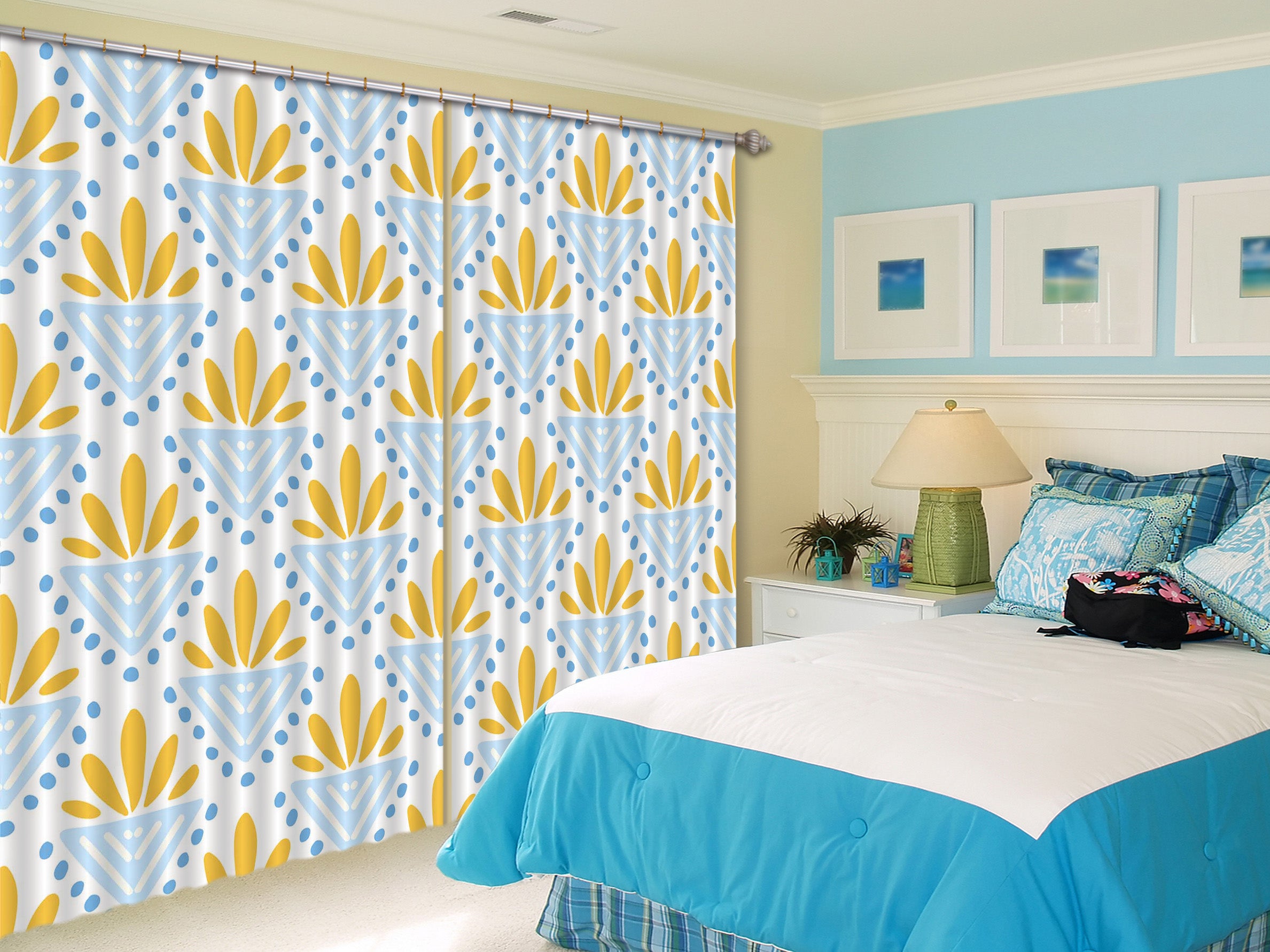 3D Blue Yellow Pattern 11151 Kashmira Jayaprakash Curtain Curtains Drapes