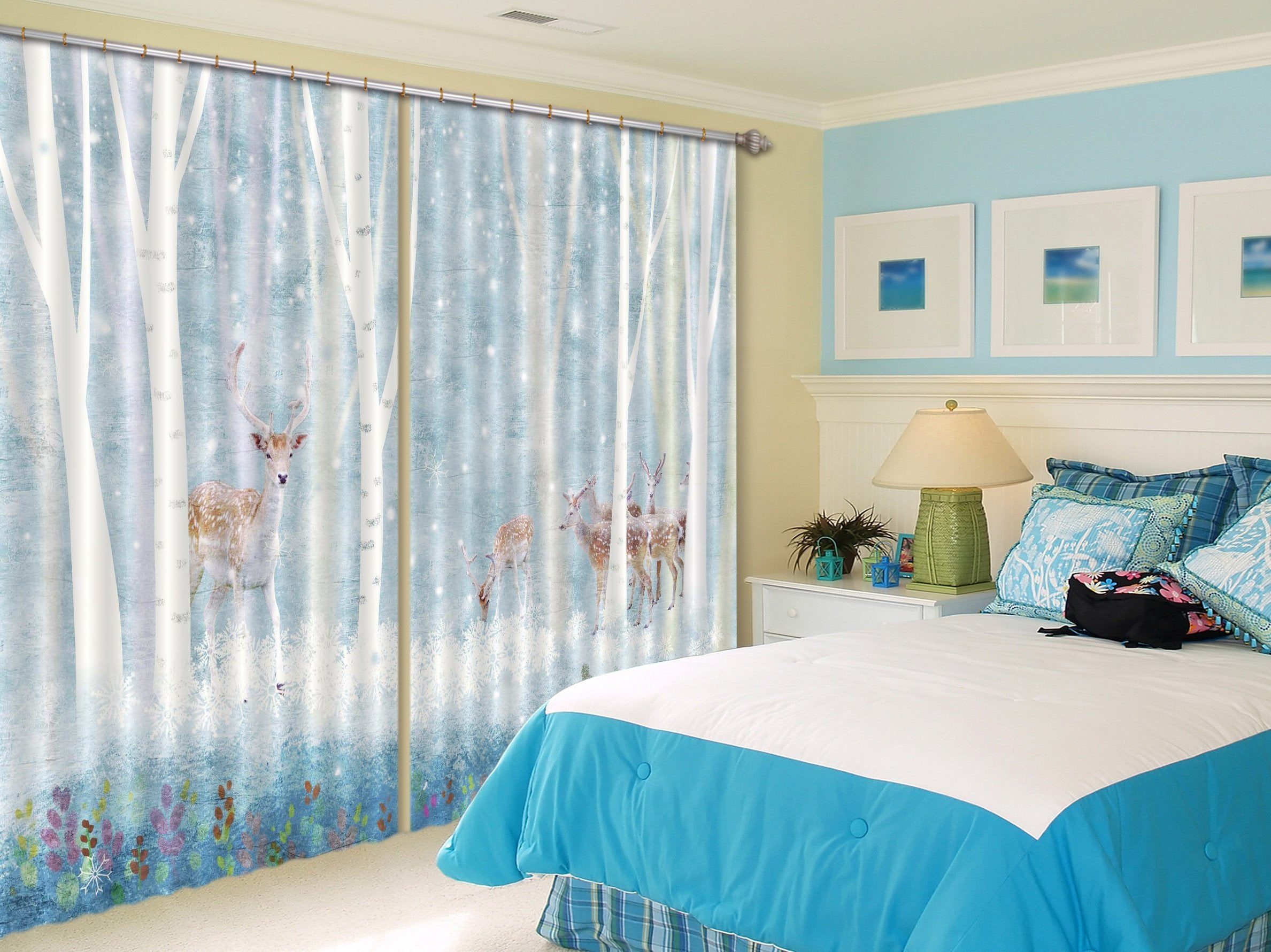 3D Snowing Forest Deer Curtains Drapes Wallpaper AJ Wallpaper