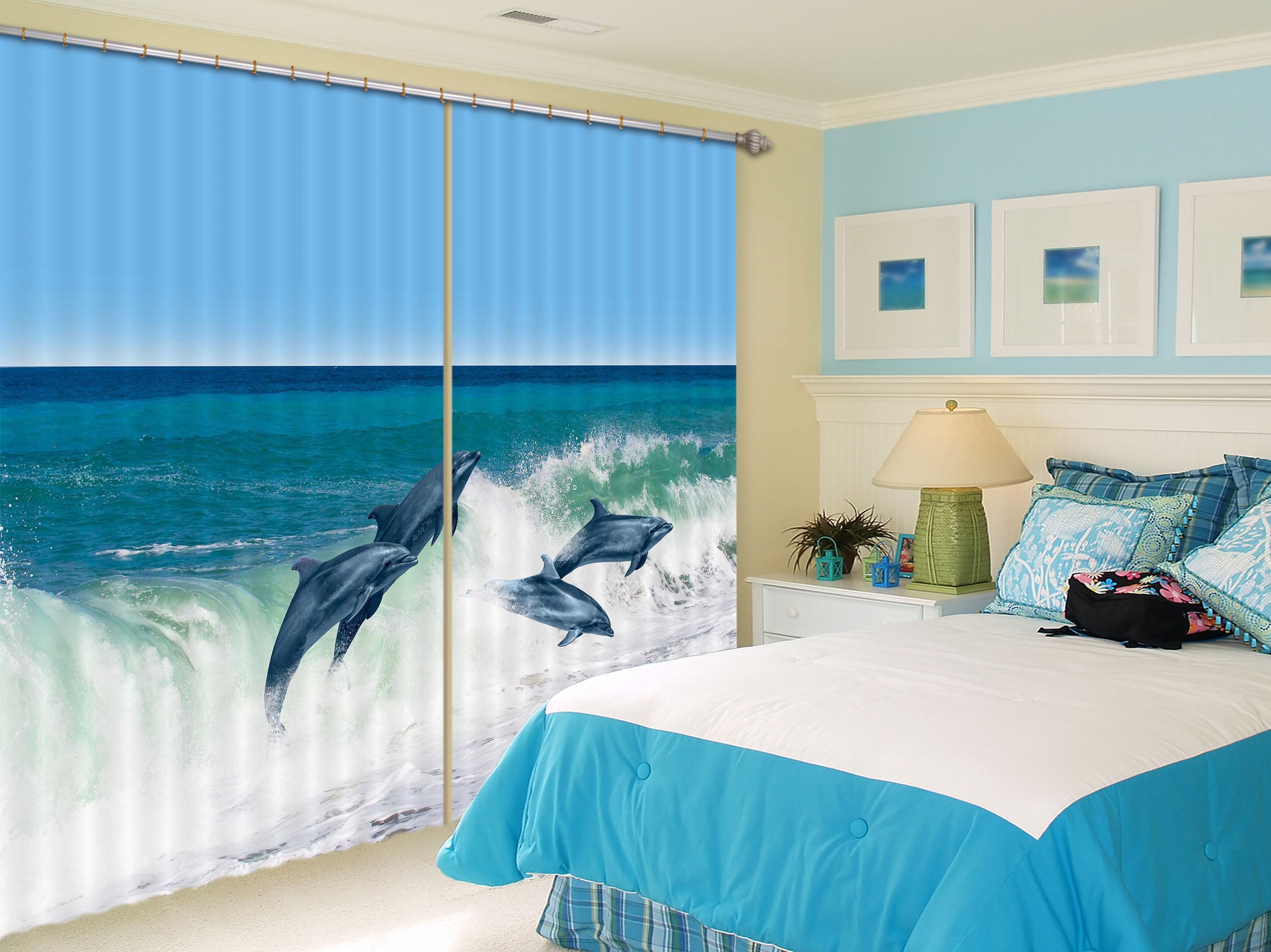3D Sea Dolphin 800 Curtains Drapes