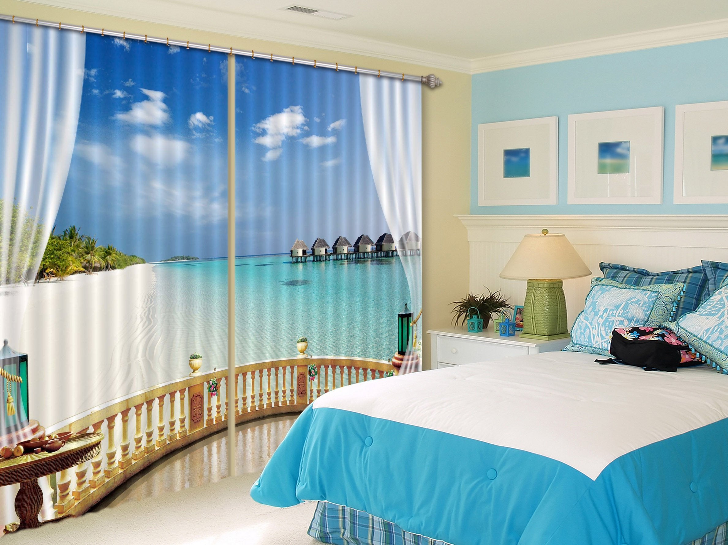 3D Balcony Beach Scenery Curtains Drapes Wallpaper AJ Wallpaper