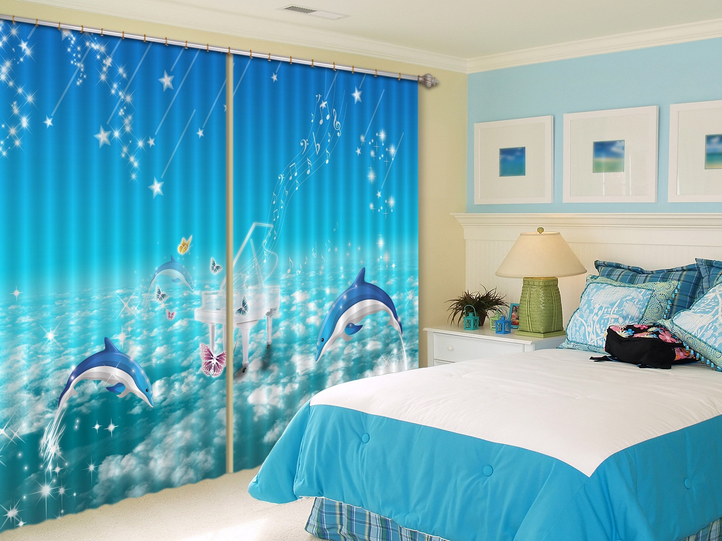 3D Piano Music Jumping Dolphins 179 Curtains Drapes Wallpaper AJ Wallpaper