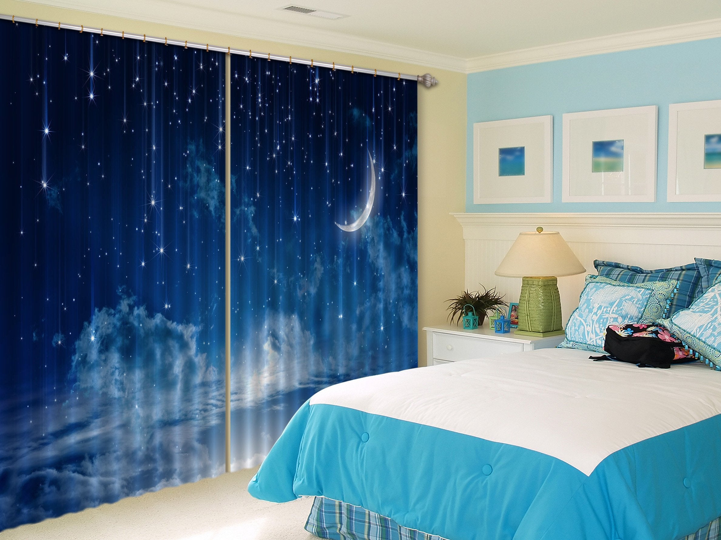 3D Blue Stars Sky 445 Beach Curtains Drapes Wallpaper AJ Wallpaper