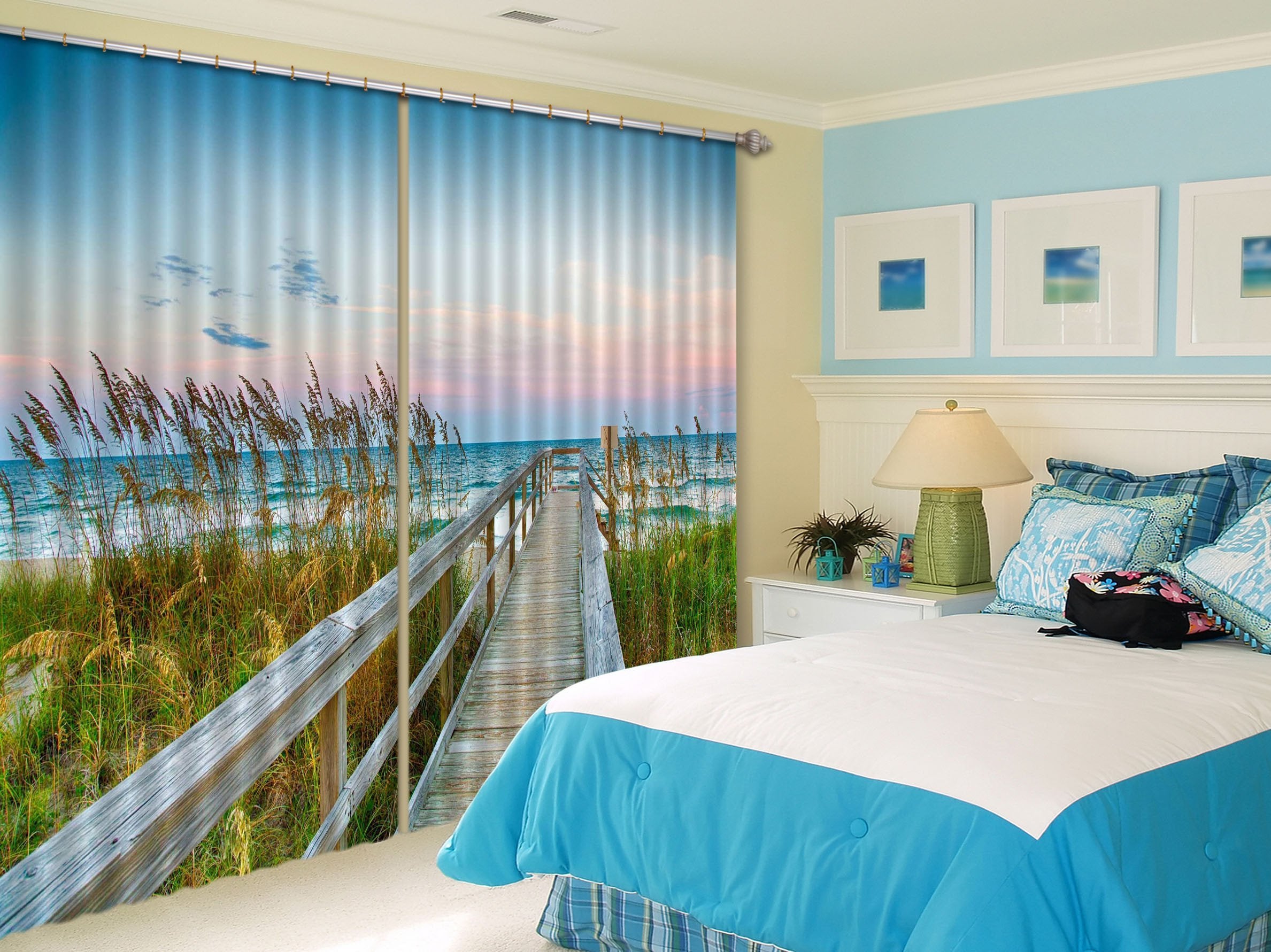 3D Beach Wooden Bridge Weeds Curtains Drapes Wallpaper AJ Wallpaper