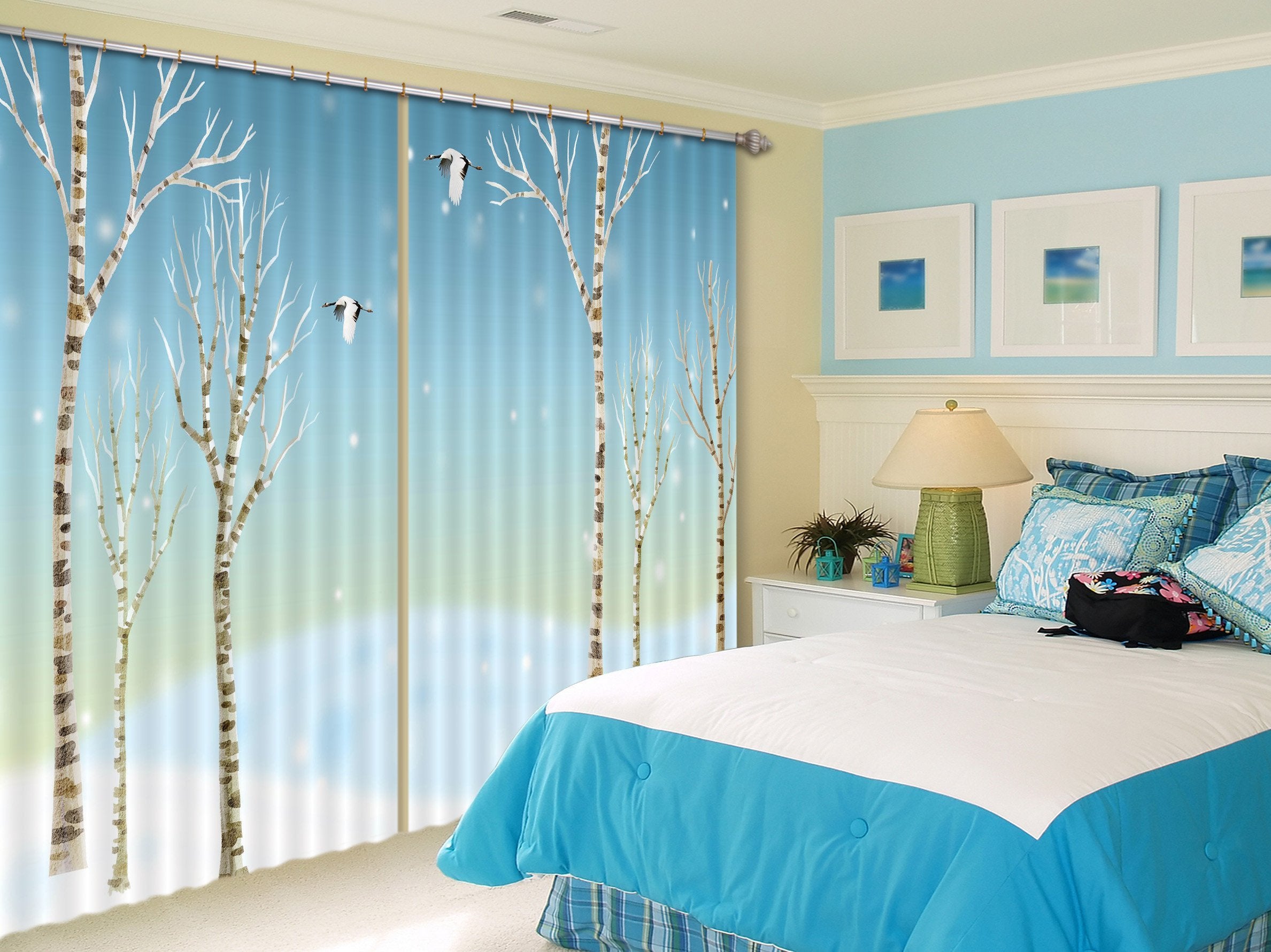 3D Bare Trees Flying Birds Curtains Drapes Wallpaper AJ Wallpaper