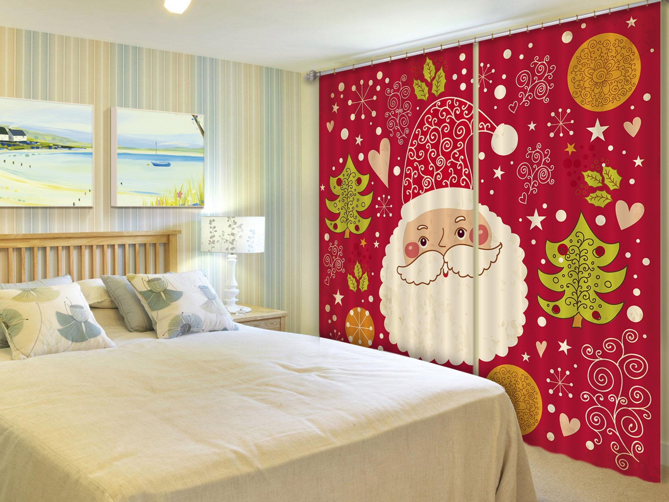3D Christmas White Beard 81 Curtains Drapes Curtains AJ Creativity Home