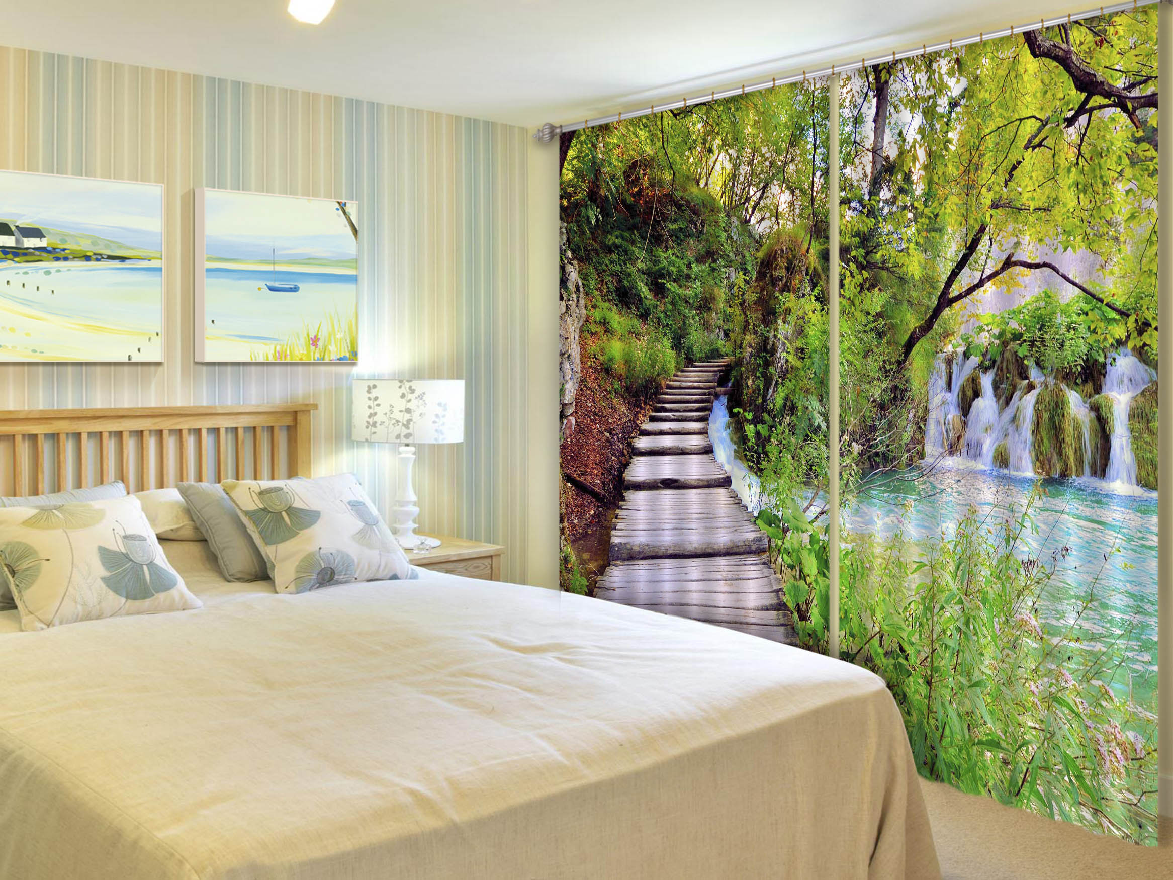 3D Park Wooden Bridge 130 Curtains Drapes