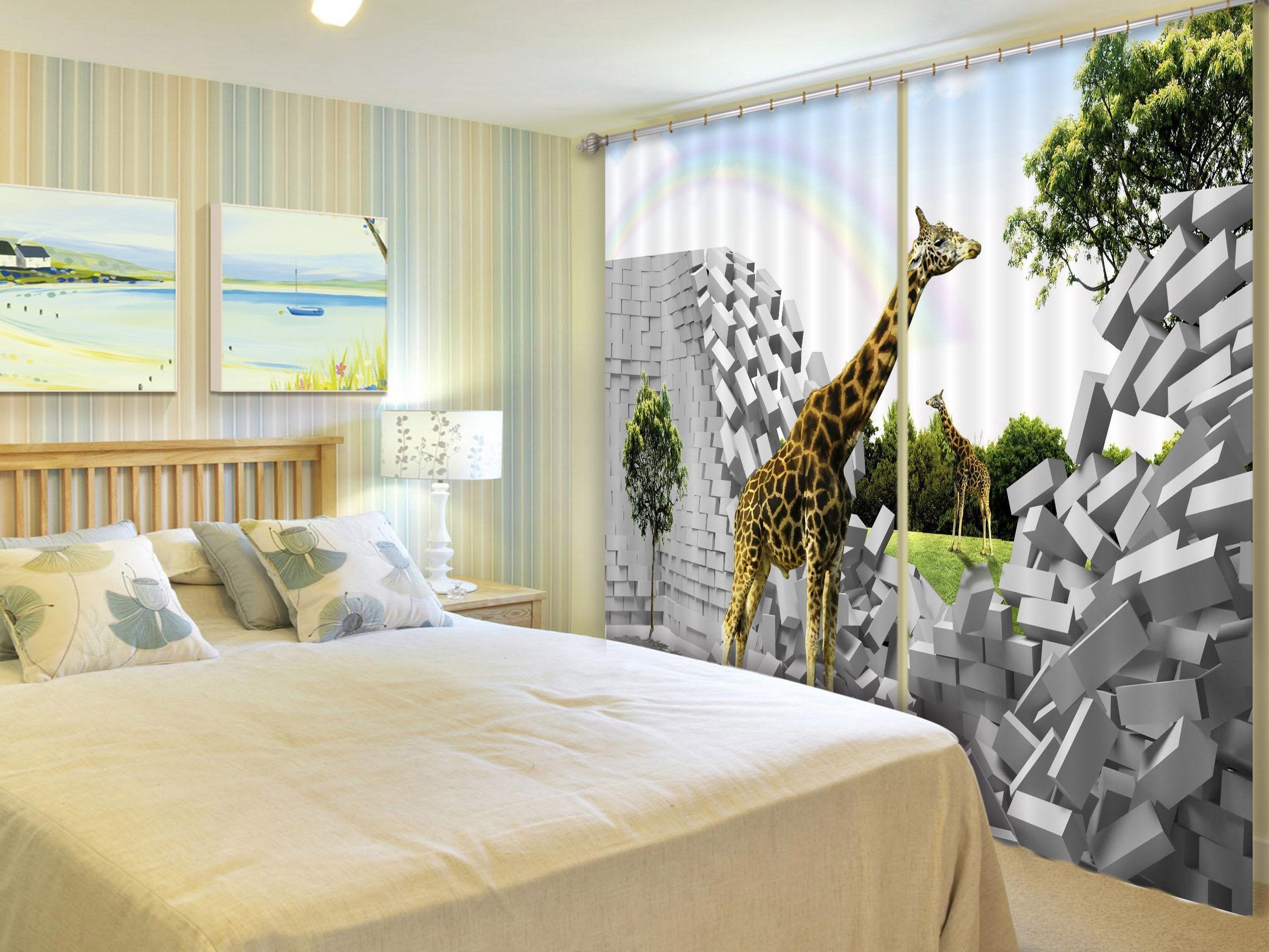 3D Bricks Giraffes 369 Curtains Drapes Wallpaper AJ Wallpaper
