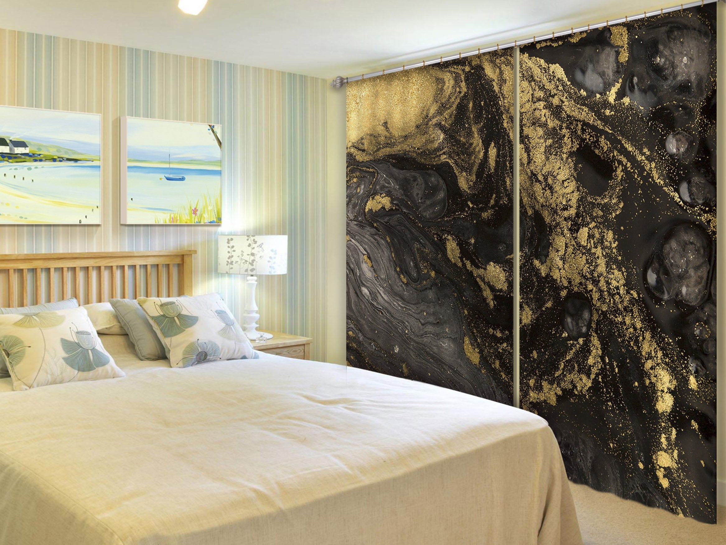 3D Black Gold Abstract 78 Curtains Drapes Curtains AJ Creativity Home