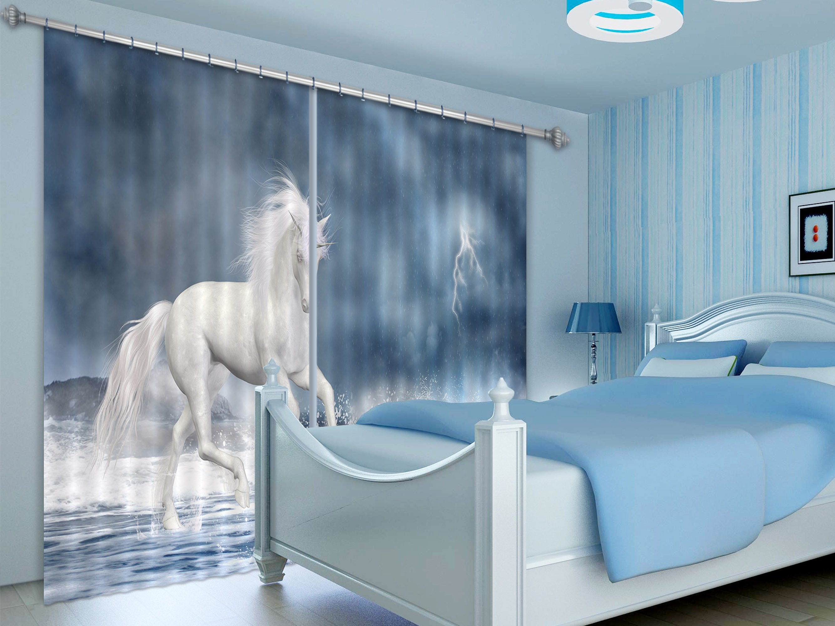 3D Lightning Play Unicorn 074 Curtains Drapes Curtains AJ Creativity Home