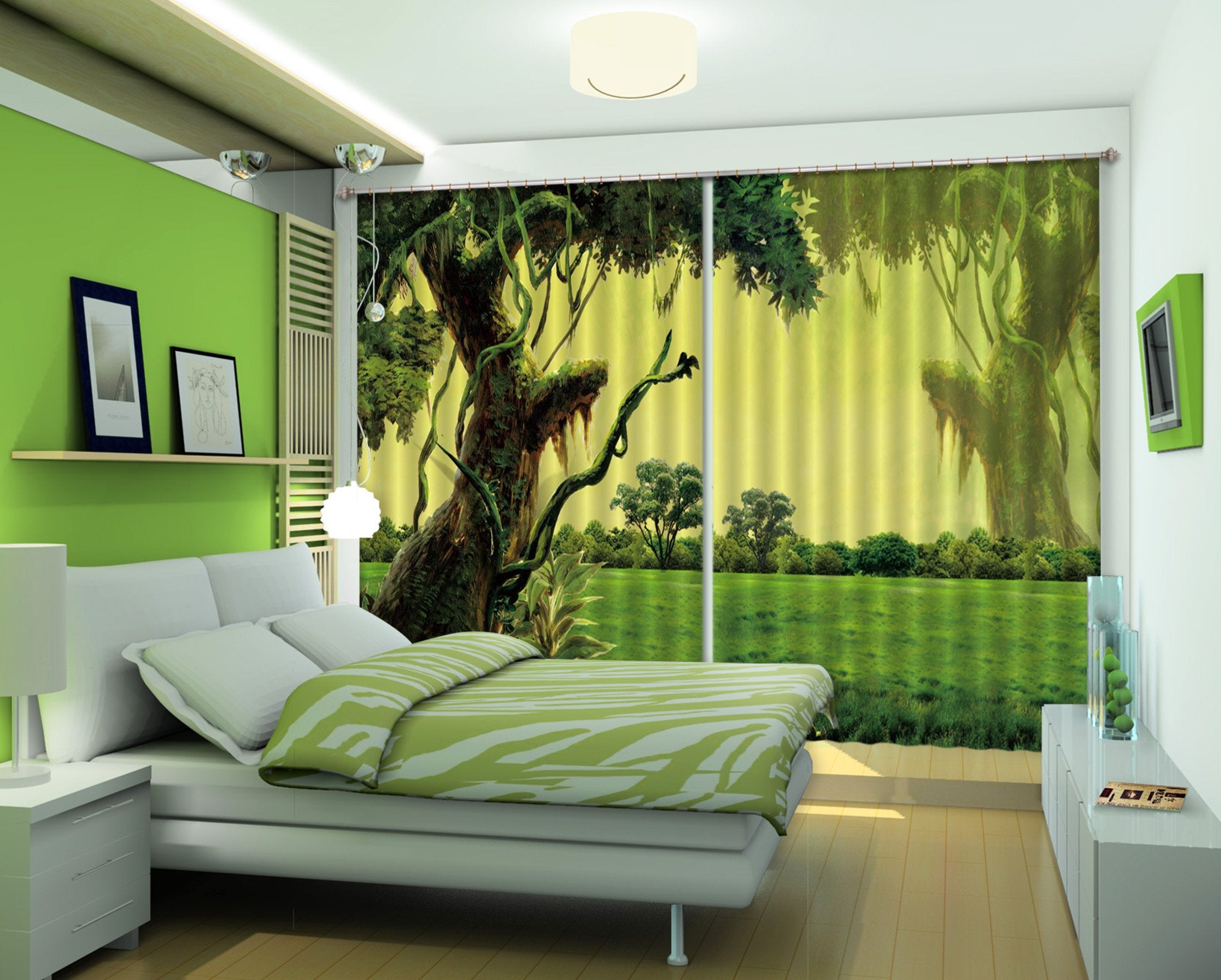 3D Green Grassland Trees Curtains Drapes Wallpaper AJ Wallpaper