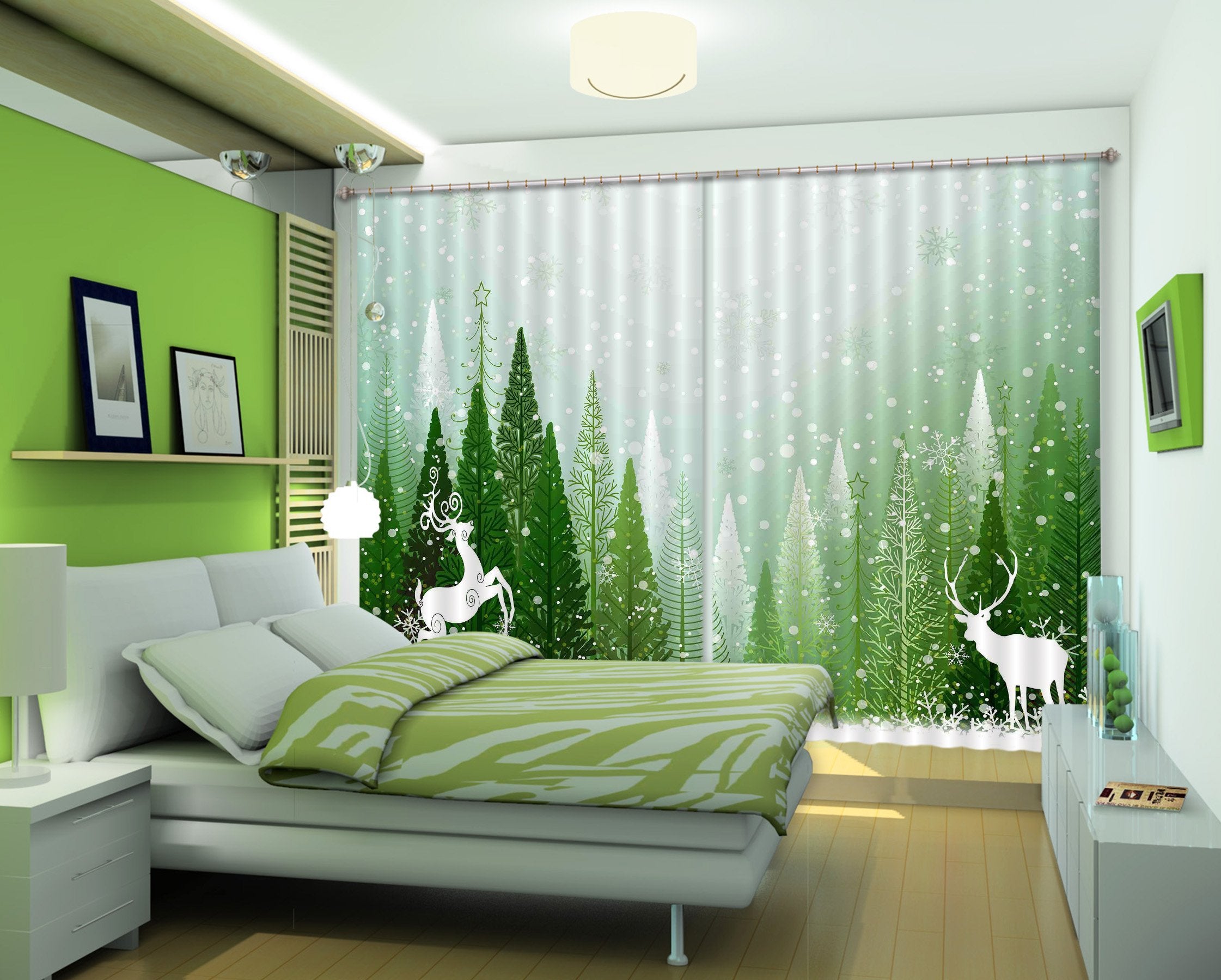 3D Snowing Forest Deer 2437 Curtains Drapes Wallpaper AJ Wallpaper